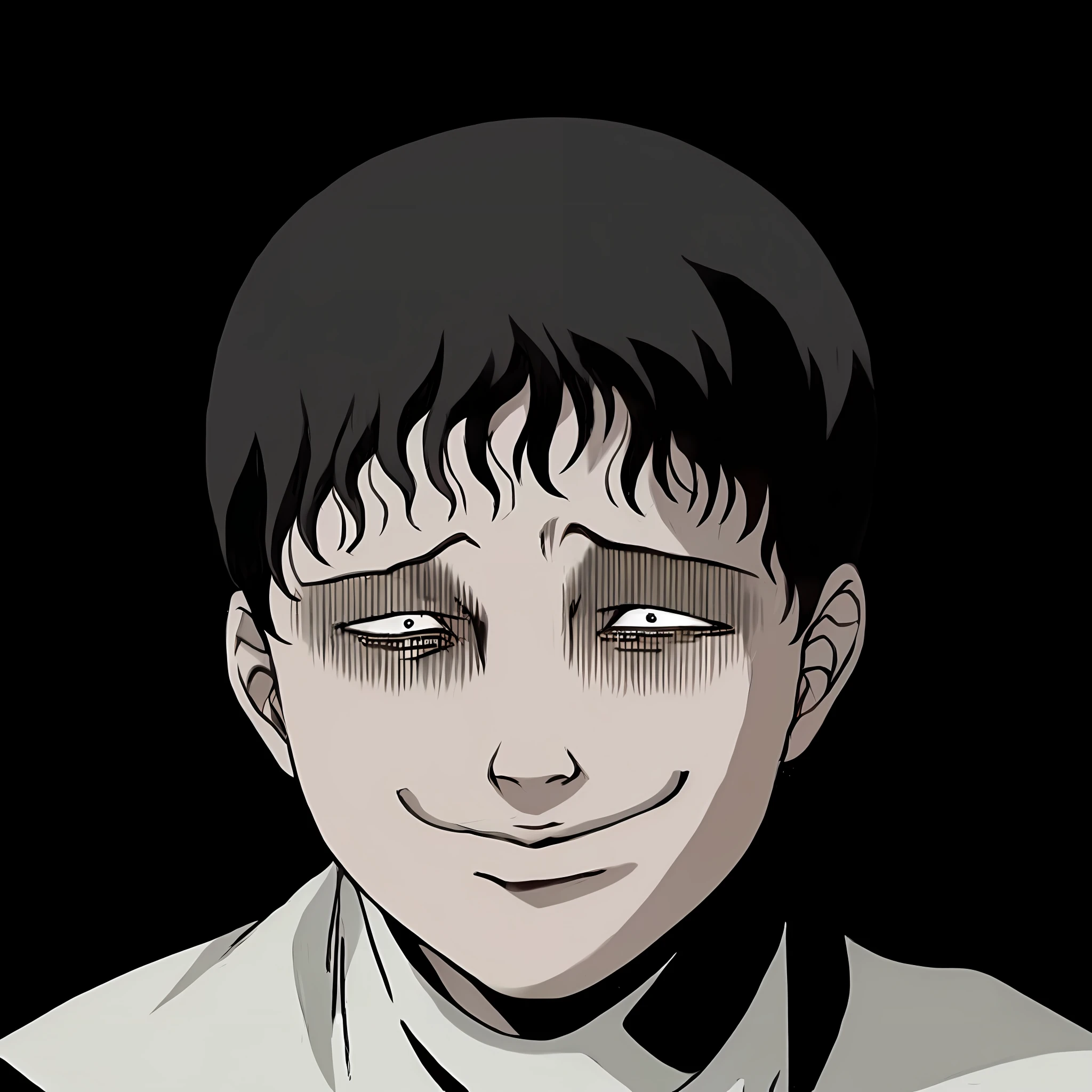 anime boy with black hair and white shirt and tie smiling, style of junji ito, junji ito 4 k, junji ito style, art style of junji ito, shinji, subtle junji ito, junji ito undertones, ito junji art, aramaki shinji, junji murakami, junji ito artwork