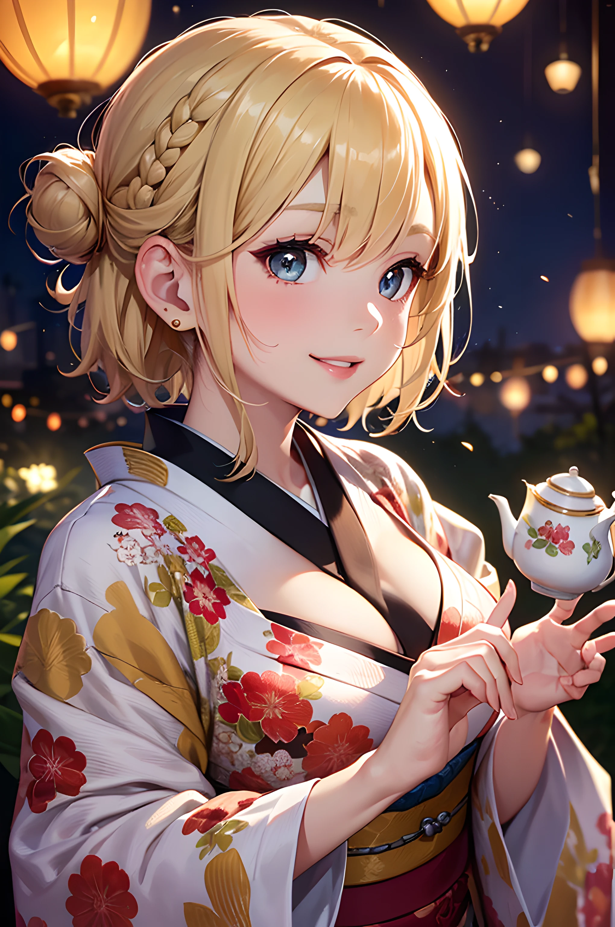 (masterpiece), (portrait), (aesthetic), (beautiful), (upper blody), (high quality), (aesthetic clothings), (professional angle), (rule of thirds), (Feminine), (woman), (female), (beautiful),(feminine features), (21 years), solo, 1 woman, (attractive Japanese), Summer, (Fireflies), (Night), (Romantic light), ((Pouring Tea)), (Holding Teapot Hands), ((Smiling at Lens Face)), ((Graceful)), (Dramatic Make-up), (Ample Bust), (Fan), ((Short Hair)), (Blonde Hair), (Straight Hair), (Loose Bun hair), (Decorative Comb in Hair), (Narrowed Eyes), (Hazel Eyes), (Mysterious Look), Tan skin, (Beaded Accents Clothing), (Kimono), (Obi), (Wide Pants ), (V-neckline Neckline), ((Paper Lanterns background)), (Medium Shot Shot), beautiful hands, two hands, normal hands, two arms, complete hands, beautiful body, beautiful fingers, normal fingers, five fingers, five fingers, beautiful ears, normal ears, beautiful eyes, shiny eyes, beautiful mouth, beautiful lips,