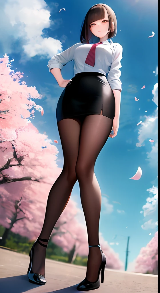 masterpiece, best quality, 1girl, fullbody, plum_pie eyes, brown, choppy bob,envious _face,shiny skin, medium breasts, nice leg line:1.3,thick thighs, thin waist ,school uniform, pantyhose, necktie, (pencil skirt),high heels, Pathway_lined_with_blooming_cherry_blossom_trees, from below, full body, legsupsexms,
