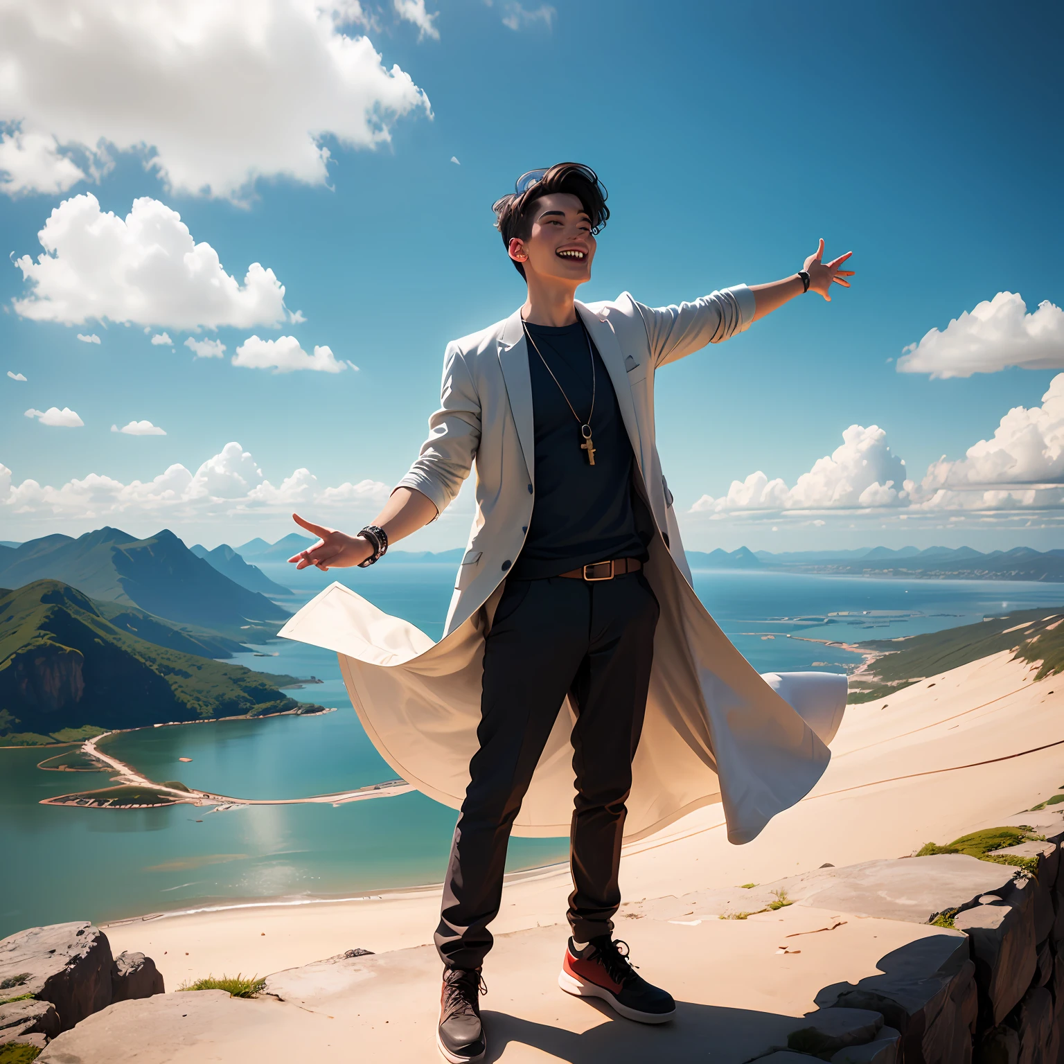The image depicts an inspiring and empowering scene of a person standing on top of a mountain, arms outstretched in a gesture of victory. Around the person, there is a clear and sunny blue sky, conveying a sense of serenity and achievement.

The person is dressed elegantly and confidently, symbolizing the confidence and financial independence he has achieved. His face radiates happiness and satisfaction, demonstrating the achievement of his financial goals.

In the background, we see an expansive horizon and diverse stunning landscapes such as beaches, mountains and skyscrapers. These landscapes represent the variety of possibilities and experiences that financial freedom can offer.

Floating in the air around the person, we can see dollar signs and bills of money, as if they were creating a magical glow. These elements symbolize the abundance and prosperity that financial freedom brings with it.

In the lower corner of the image, there may be an inspiring message, such as "Financial Freedom: Achieve your dreams and live life to the fullest" or "The achievement of financial freedom: The key to full happiness."

This image conveys the idea that financial freedom provides the ability to enjoy life fully, to pursue passions, to realize dreams, and to have control over your choices. It represents the sense of empowerment and satisfaction that accompanies achieving financial independence. --auto