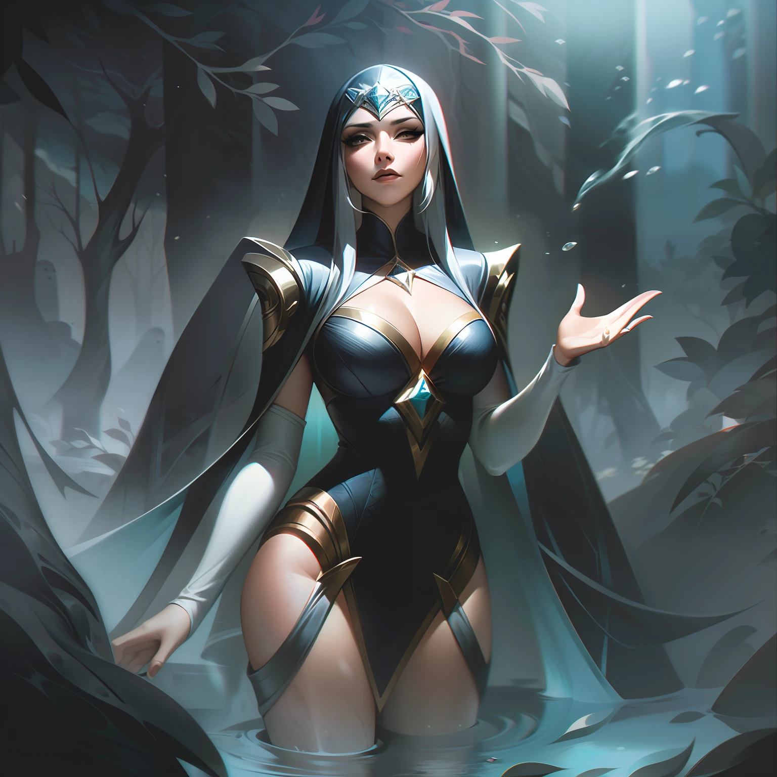 woman with black and white hair with aquatic synergy with Greek nun costumes with mystical aura + forest background + femme fatale splashart, splashart, splashart from League of Legends, art, brushstroke, masterpiece, 8k, ultra detailed, HD