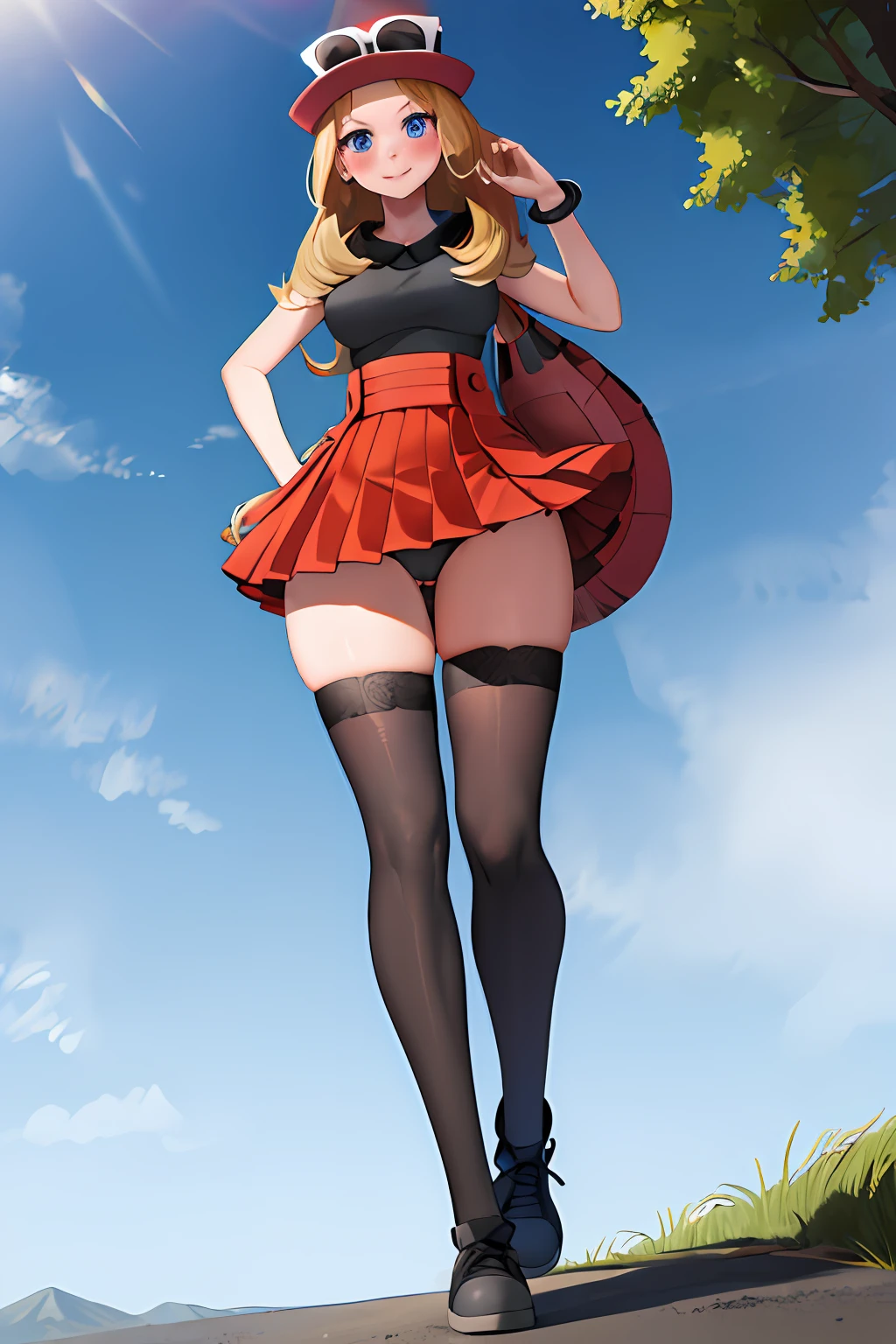 masterpiece, best quality, highres, blue eyes, serena \(pokemon\), 1girl, solo, thighhighs, long hair, hat, jewelry, bracelet, black thighhighs, collared shirt, pleated skirt, red skirt, sleeveless, high-waist skirt, sleeveless shirt, eyelashes, pink headwear, black shirt, eyewear on headwear, (full body:1.5), giantess, smile, (from below:1.5), (thick thighs:1.3), looking down at viewer, upskirt, character_pokemon_serena, gts, (large breasts:1.3), field, (looming:1.3), mature female, high quality, hd quality, masterpiece, photorealistic, stepping, under skirt, black panties, shoe soles, standing on one leg, close-up foot, intense angle, knee up, closed mouth, blush, smile