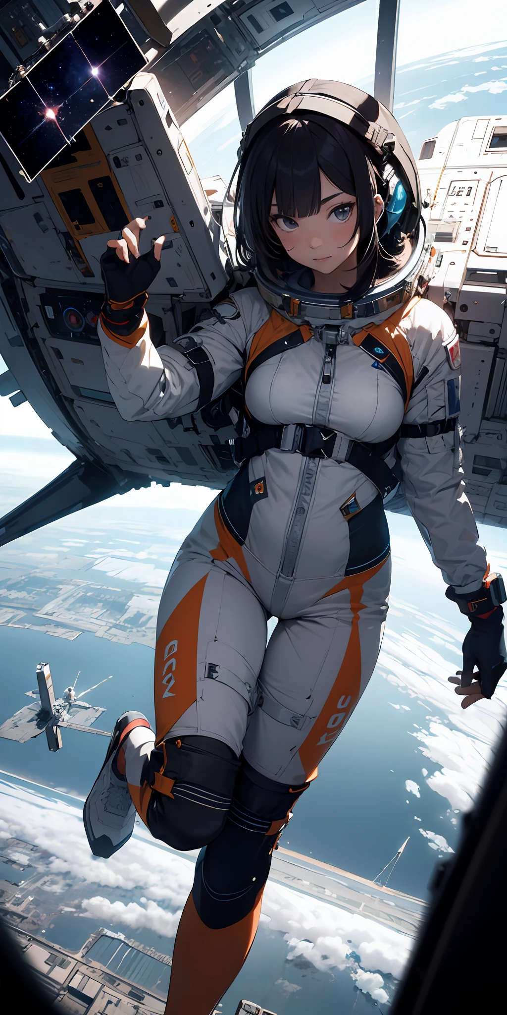 Absurd resolution, high resolution, (masterpiece:1.4), ultra-detailed, 1girl, in spacesuit, seen from above, space, floating, satellite, running pose, wide-angle lens distortion