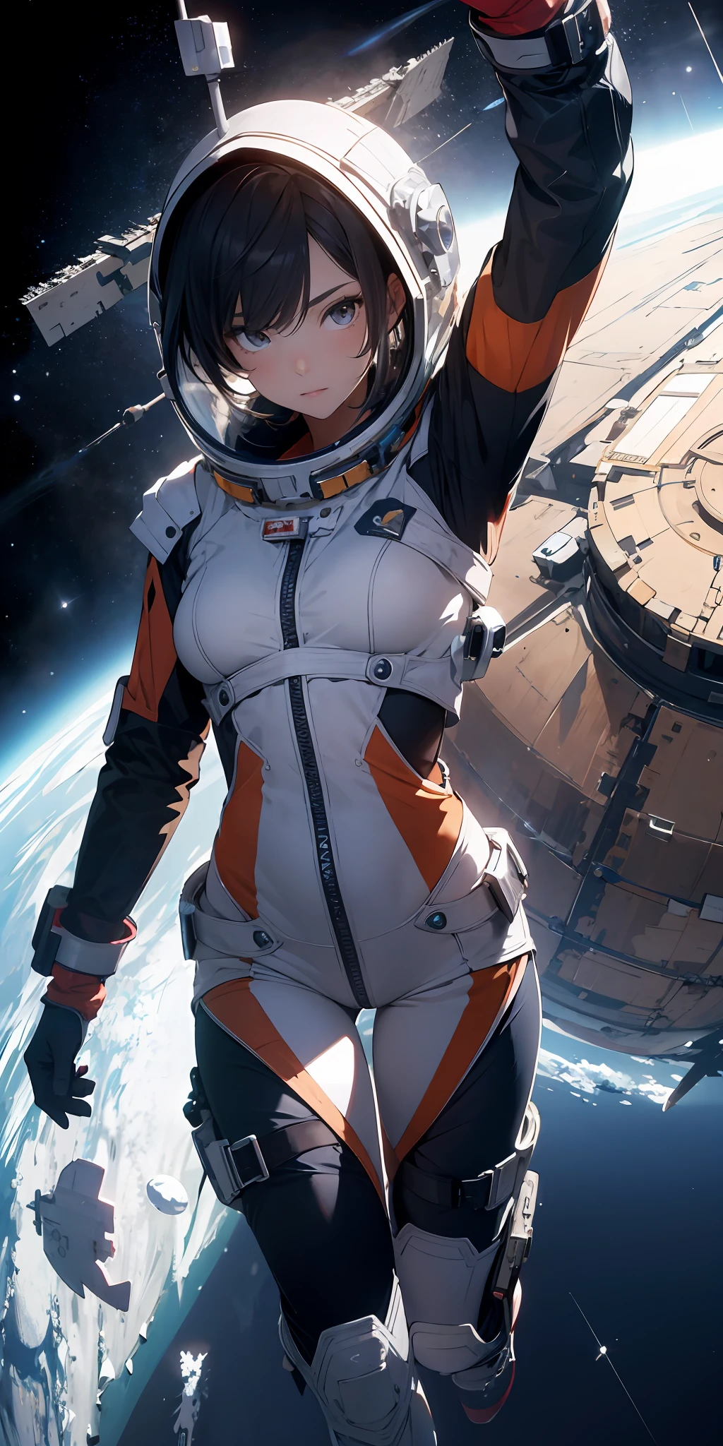 Absurd resolution, high resolution, (masterpiece:1.4), ultra-detailed, 1girl, in spacesuit, seen from above, space, floating, satellite, running pose, wide-angle lens distortion
