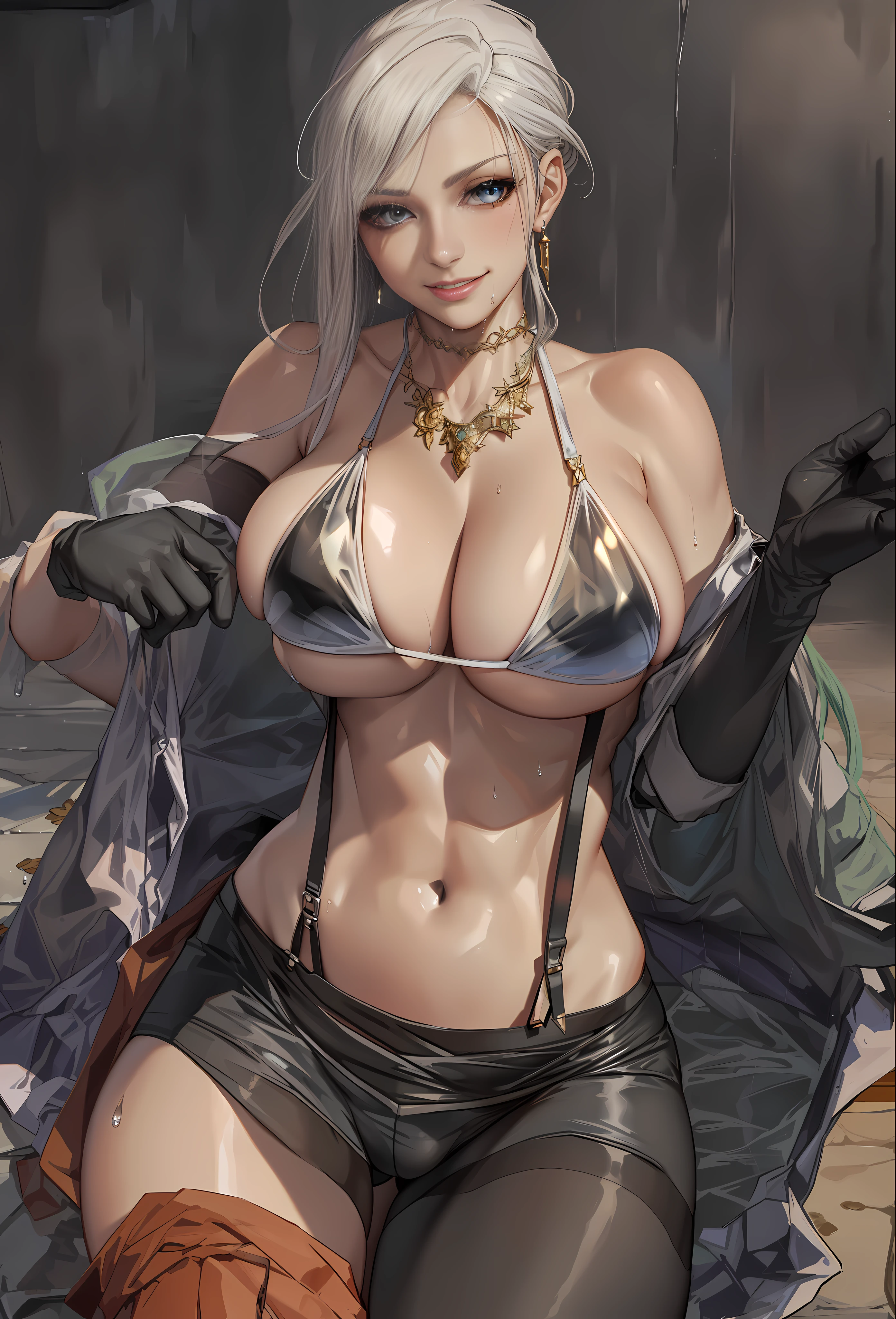 (nsfw:1.3),A thin waist with abs。 Perfectly symmetrical body. (sexy eyes) (seductive eyes) (clothes wet with water) (completely transparent plastic top) (suspender stockings, suspender stockings, high-gloss stockings) fleshy thighs tightened by high-gloss suspender stockings, huge soft breasts. Outermost transparent gauze on body, beautiful woman, surreal, 1 girl, ((facing the viewer, hand caressing her chest)), (huge soft breasts, charming body: 1.8), sit-ups: 1.6, gray hair: 1.8, (wet rain, wet body: 1.7), painting, masterpiece, best quality, ultra-detailed, absurd, portrait beautiful, solo, earrings, jewelry, bikini, smile, sexy belt outfit, tank top, sky, day, swimwear, outdoors, gloves, necklace, transparent bikini, sexy, volumetric lighting, best quality, masterpiece, intricate details, realistic skin texture, pixiv, ultra-detailed, artstation trend,