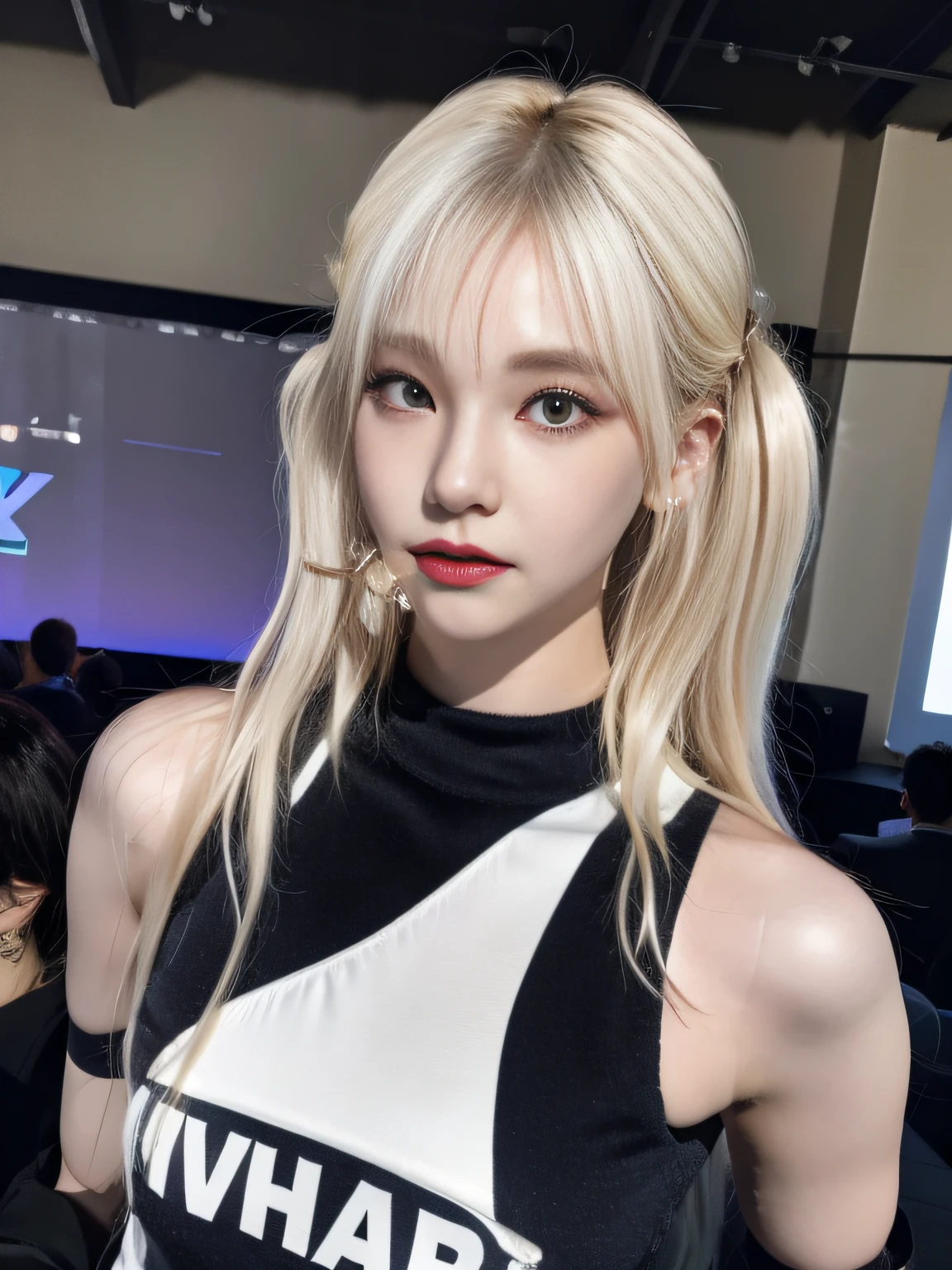 (8K, 4K, Best Quality, Highres, Ultra High Res:1.1), (Masterpiece, Realistic, Photo-Realistic:1.1), 1girl, Face, Close-Up, Twintails, Blonde Hair, Black Eyes, Red Lips, (Looking in Audience: 2), Wearing a trendy football uniform, ridiculously long hair, long eyelashes, eye shadow, small face, big eyes, bare shoulders, high contrast,