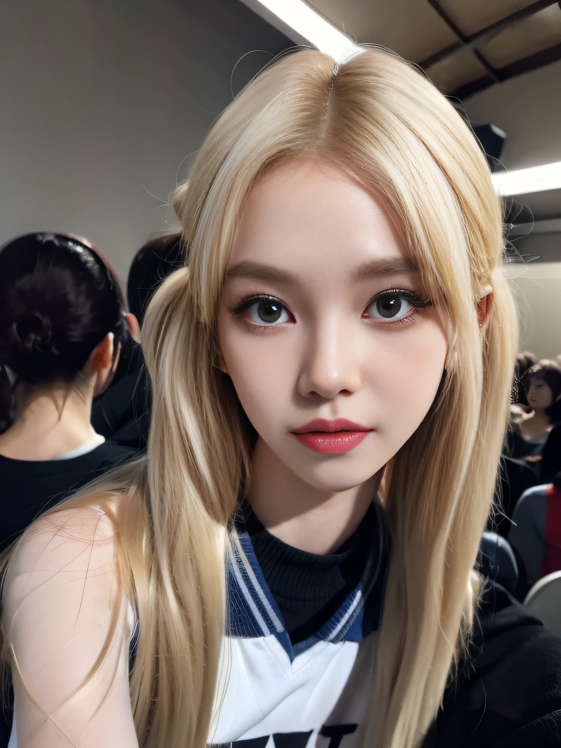 (8K, 4K, Best Quality, Highres, Ultra High Res:1.1), (Masterpiece, Realistic, Photo-Realistic:1.1), 1girl, Face, Close-Up, Twintails, Blonde Hair, Black Eyes, Red Lips, (Looking in Audience: 2), Wearing a trendy football uniform, ridiculously long hair, long eyelashes, eye shadow, small face, big eyes, bare shoulders, high contrast,