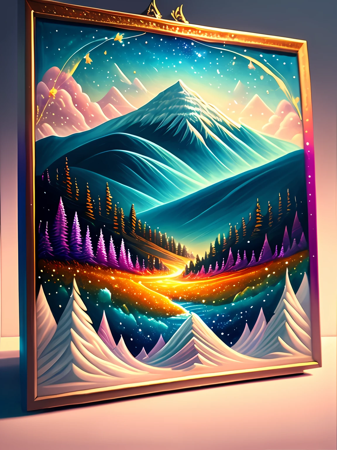 a painting of a colorful mptp on a background with mountains, breathtaking rendering, within a radiant connection, inspired by Kinuko Y. Craft,, magical elements, , wow, is beautiful, casting a multi colorful spell, bright flash, flash, 8k + Ultra HD