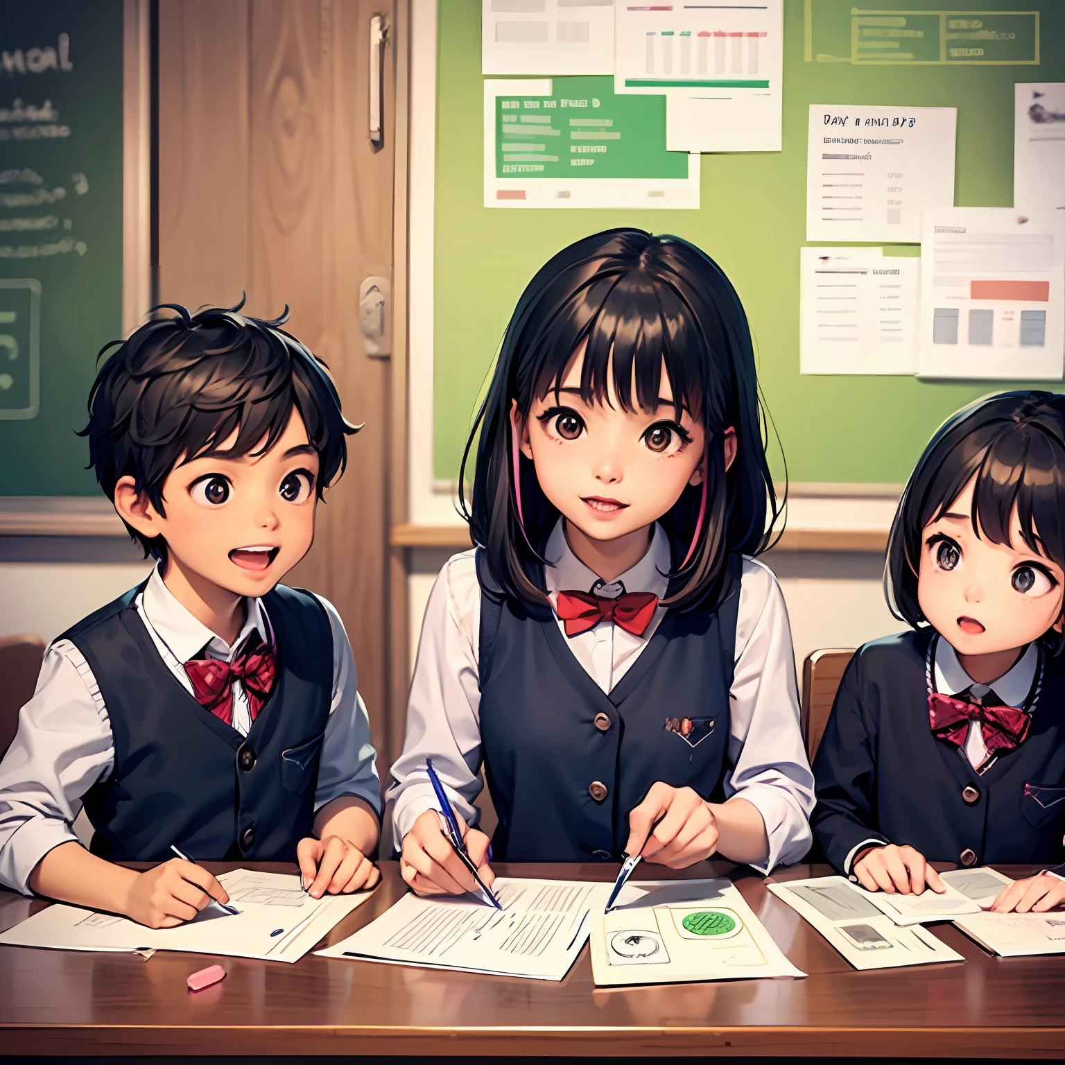 The image depicts a fun and educational scene, with a colorful and welcoming environment, specially designed to teach children about finances. The setting is a vibrant classroom with colorful tables and chairs, a chalkboard full of money-related drawings, and an enthusiastic teacher.

The children in the picture are smiling and engaged in interactive learning activities. Some of them are holding colorful piggy banks and placing coins in their slits, while others are playing with educational finance games. The atmosphere is lively, full of positive energy and enthusiasm.

On the chalkboard, we can see simple drawings that represent basic financial concepts such as saving, conscious spending, budgeting, and donations. These drawings help children better visualize and understand financial principles.

Around the classroom, there are additional visual resources, such as children's books on financial education, colorful illustrations that depict everyday situations related to money, and posters with practical tips for children to manage their allowances.

In the bottom corner of the image, there may be an inspiring message, such as "Building a Financially Healthy Future: Financial Education from an Early Age" or "Empower Your Children with Financial Knowledge: Teach Them to Thrive."

This image conveys the importance of educating children about finances from an early age, providing them with the tools they need to make healthy and responsible financial decisions in the future. It highlights the joy and enthusiasm that can be found in financial learning, helping children develop a solid foundation for a successful financial life. --auto