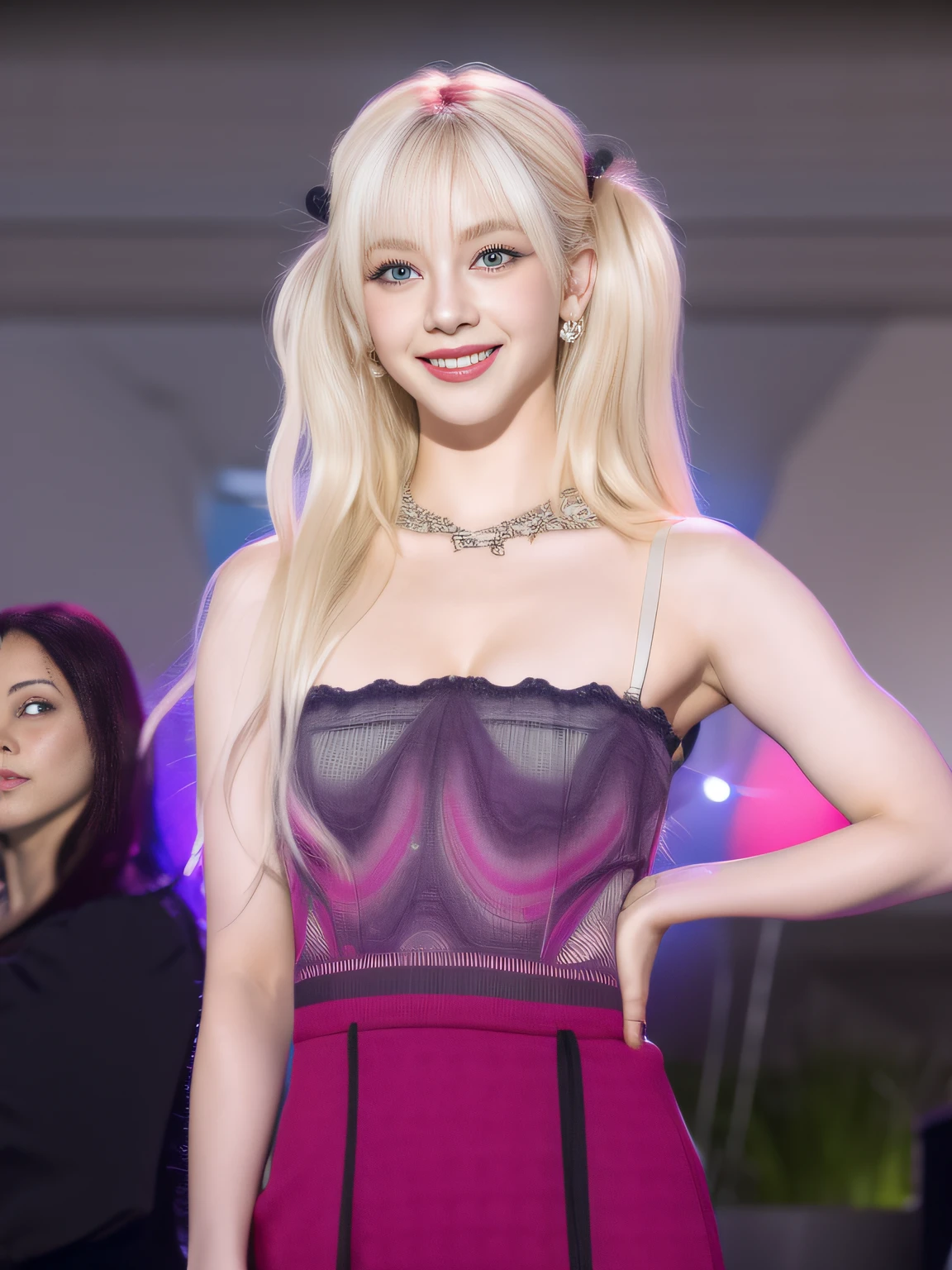 (8K, 4K, Best Quality, Highres, Ultra High Res:1.1), (Masterpiece, Realistic, Photo-Realistic:1.1), 1girl, Face, Close-Up, Twintails, Blonde Hair, Black Eyes, Red Lips, (Looking in Audience: 2), pink suspenders,, ridiculously long hair, long eyelashes, eye shadow, small face, big eyes, bare shoulders, high contrast,