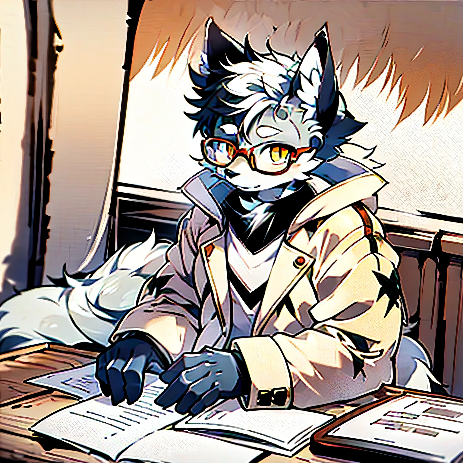 Furry, male arctic fox, gray fur, golden eyes, black-framed glasses, artist, wearing a white trench coat and berets, sitting in a room, natural color, detailed background, juvenile