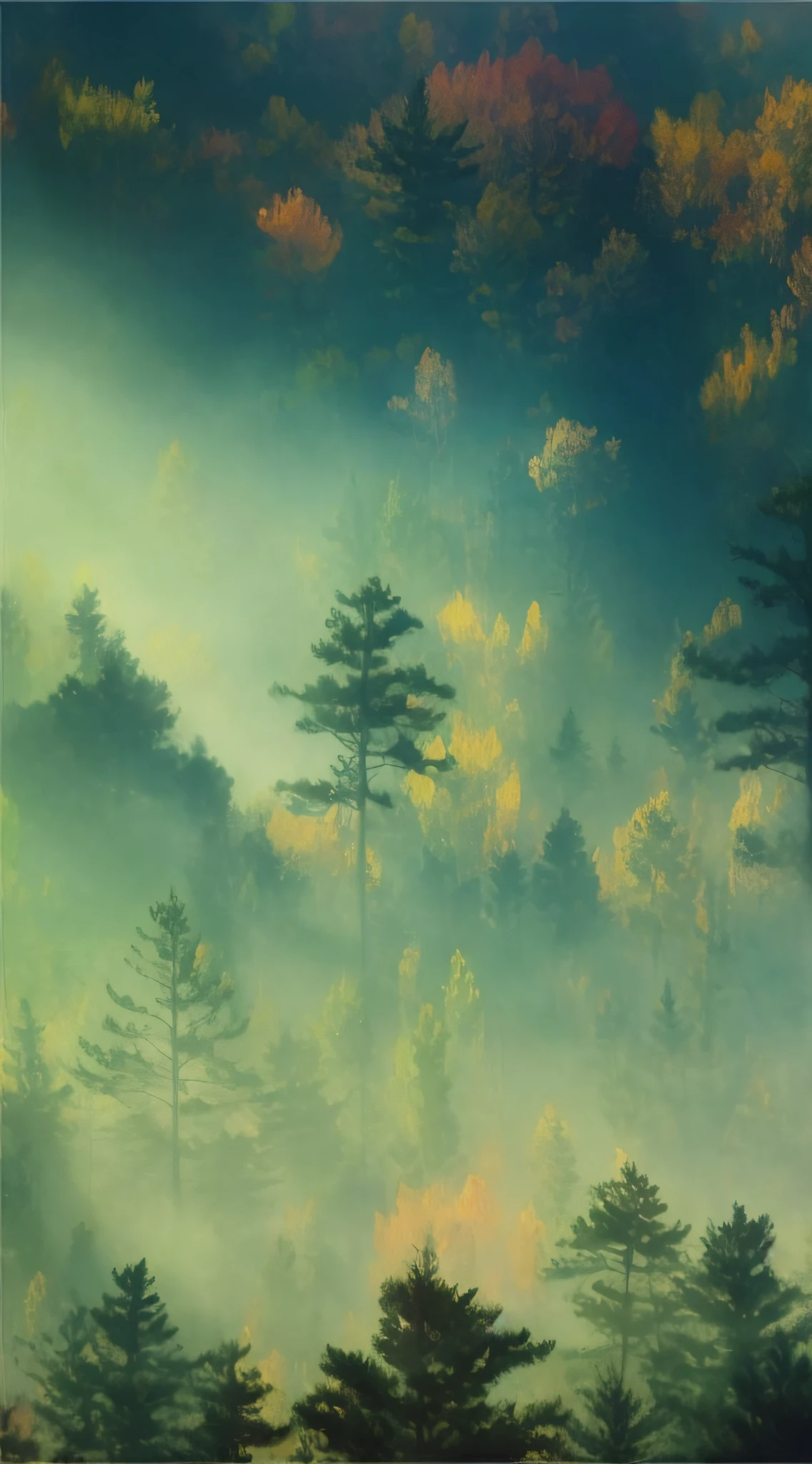 a close up of a painting of a forest with trees, foggy forrest backdrop, makoto sinkai, painting of a forest, (mist), misty forest, forests, glowing colorful fog, misty forest scene, ross tran. scenic background, foggy forest, morning mist, nature painting, forested, forest ray light, glowing fog, forest landscape, tyrus wong