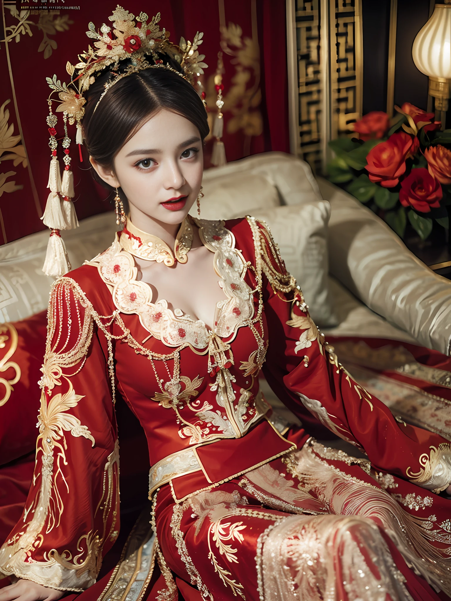 (ultra realistic 8k CG:1.2),perfect artwork,delicate pattern,intricate detail, (unparalleled masterpiece,best quality:1.2),(extremely intricate:1.2),a woman in a red and gold dress, Phoenix crown,hair stick,(sitting on red bed),Cosmetic,blush,shy,black_hair, looking down, Cosmetic,(forehead dot),(2 red candles), chinese_clothes, curtains, earrings, hair_ornament, hanfu, indoors, jewelry, red nails, long_sleeves, red dress, red lips, tassel, (Red quilt),(red palace:1.2),(ancient Chinese architecture),(red:1.8),night