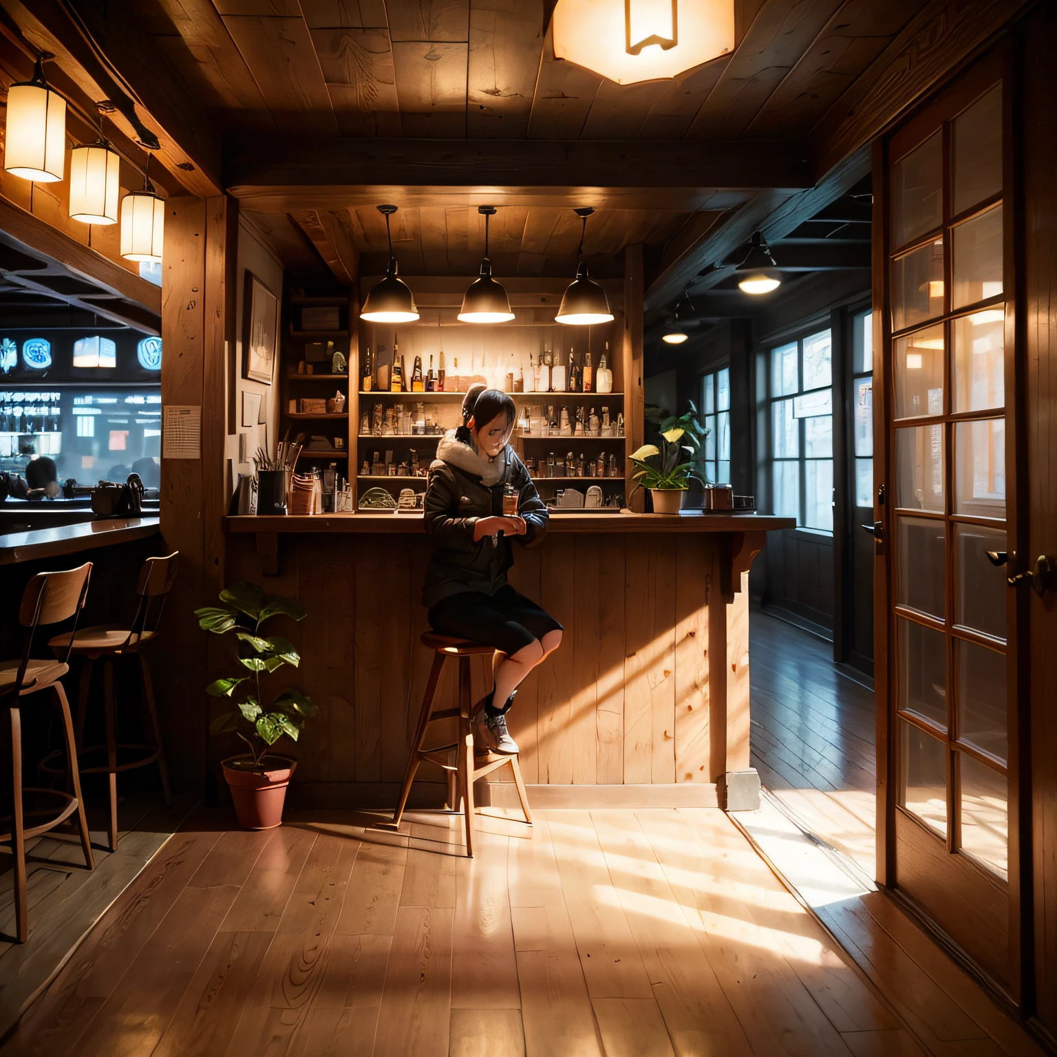 Best quality, masterpiece, super high resolution, (realism: 1.4), original photo, in the dark, deep shadows, understated, cold light, postmodern realistic style bar, chinoiserie, bucket arch, wood construction, cyberpunk elements, eye-catching Chinese labels. --auto