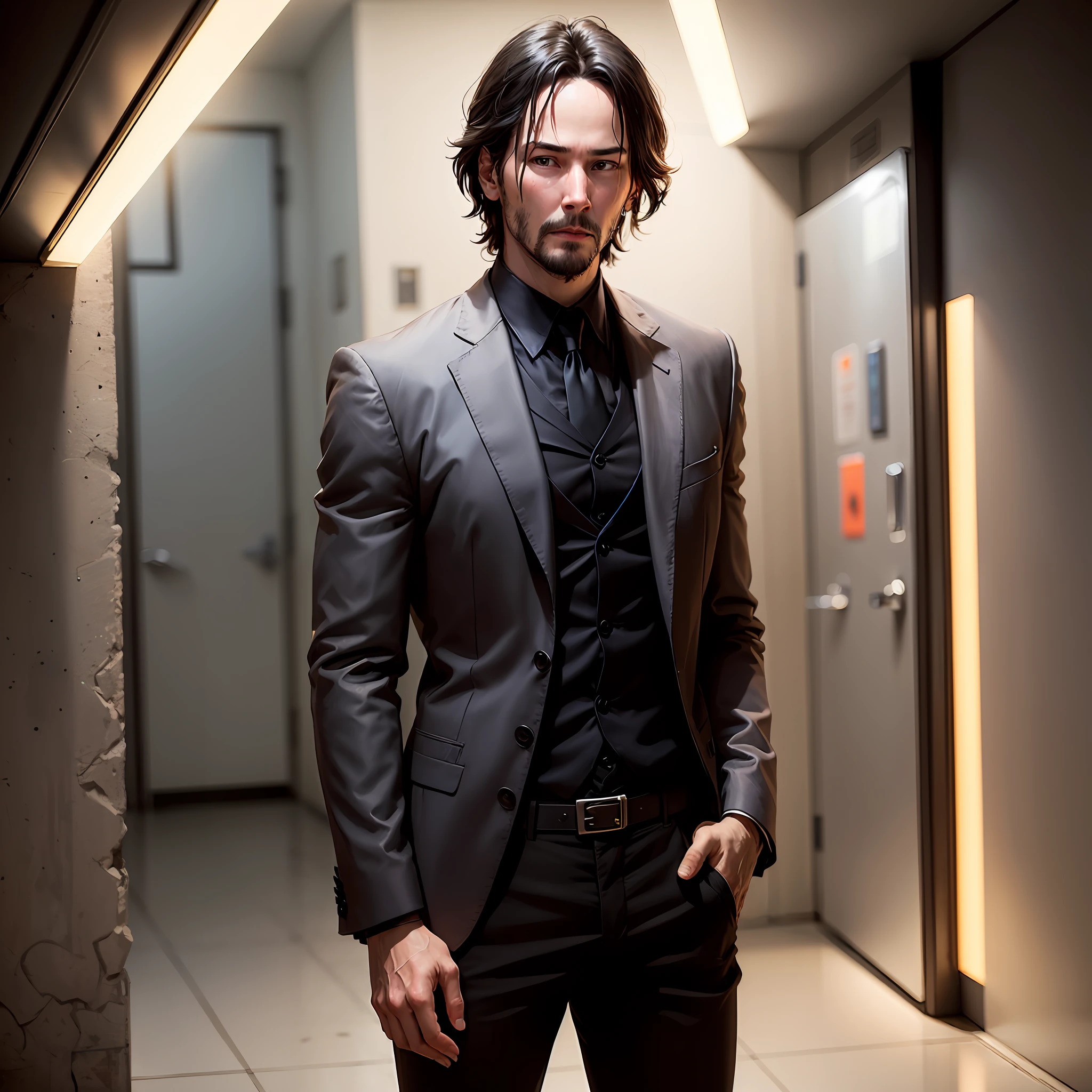 A man, young, handsome, Keanu Reeves, with index finger right on his lips, asking for silence, lighting, face photo, abstract background, led colored lights, oil painting, ultra quality, Masterpiece, surreal --auto