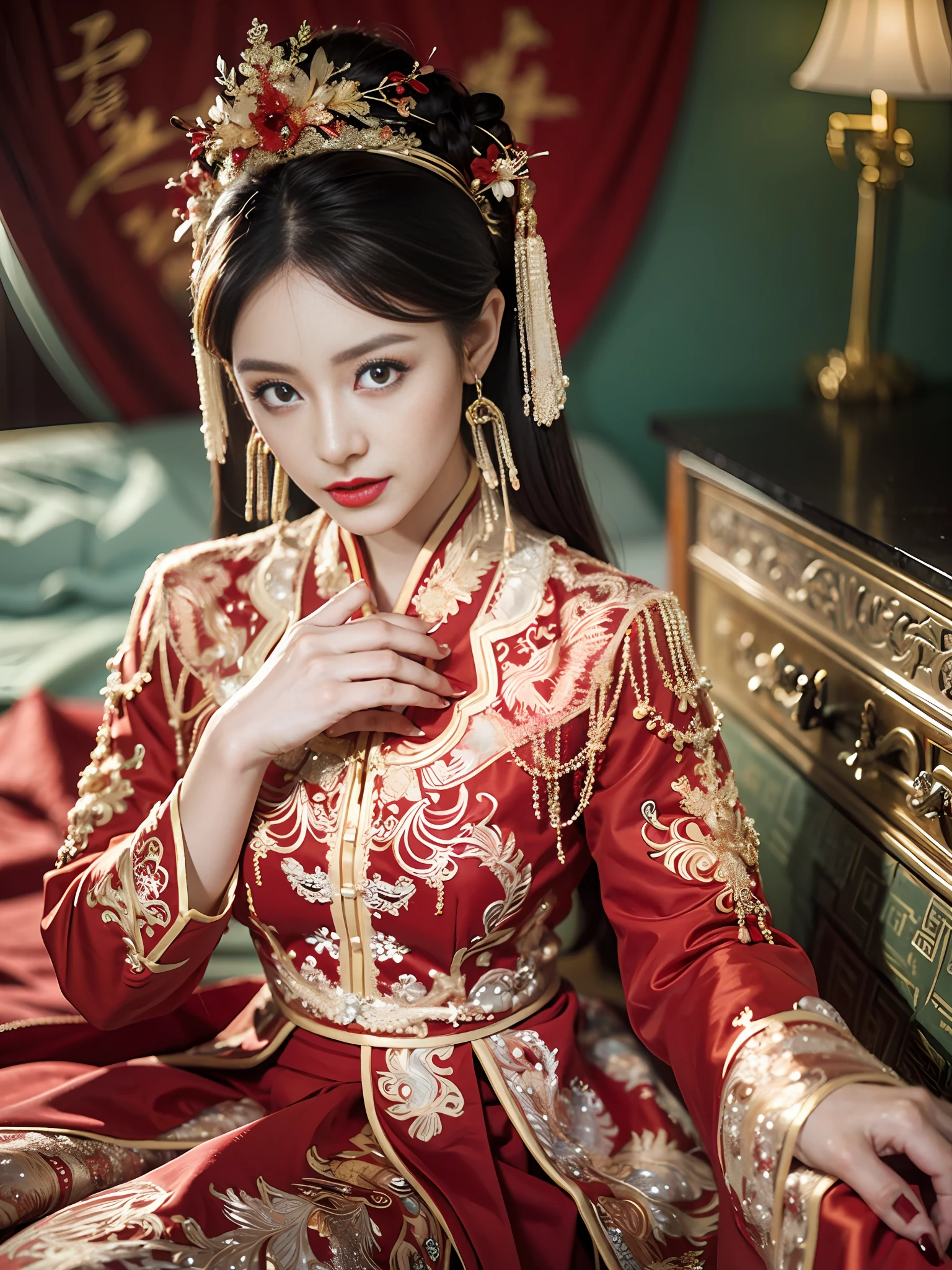 (ultra realistic 8k CG:1.2),perfect artwork,delicate pattern,intricate detail, (unparalleled masterpiece,best quality:1.2),(extremely intricate:1.2),a woman in a red and gold dress, Phoenix crown,hair stick,(sitting on red bed),Cosmetic,blush,shy,black_hair, looking down, Cosmetic,(forehead dot),(2 red candles), chinese_clothes, curtains, earrings, hair_ornament, hanfu, indoors, jewelry, red nails, long_sleeves, red dress, red lips, tassel, (Red quilt),(red palace:1.2),(ancient Chinese architecture),(red:1.8),night