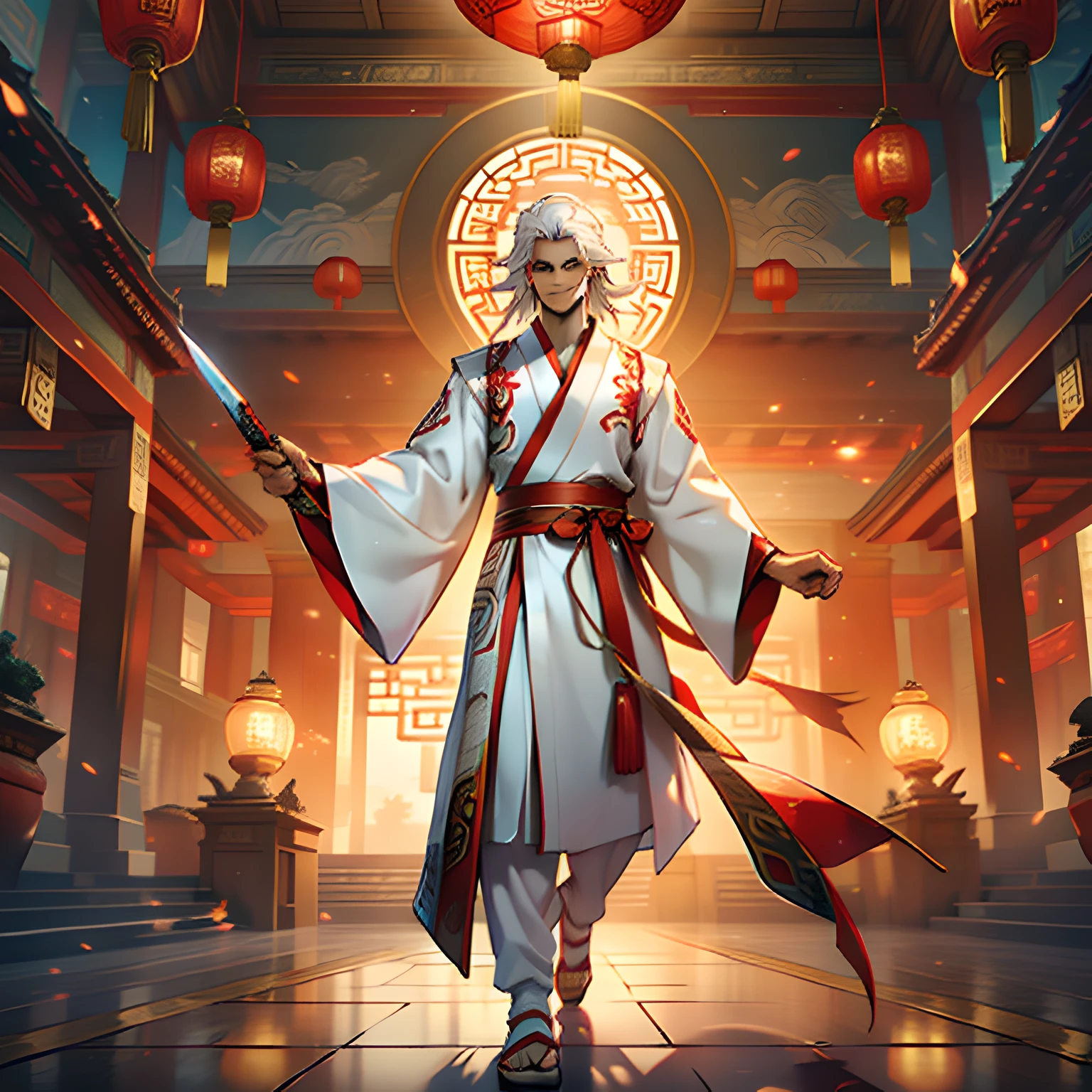 (((white hair))),(((Aboy))).((white Hanfu youth)), (((white hair)))(((White Clothes))), (((Long white hair))), kingly air, gorgeous, handsome,,,,,,,, outstanding temperamen,full body portrait,facing to camera,Armed with a sword,Behind the dragon,devil,Kill monsters, The corners of the mouth smile) ((backgroundBig breasts:Holy,resplendent,Inside a magnificent ancient Chinese palace)。)