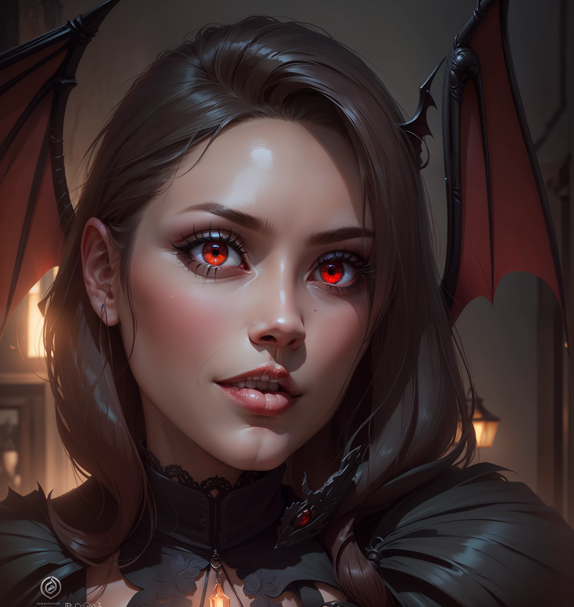 woman, 30 years old, (Best Illustration), 8k Resolution, Intricate Details, Best Quality, Realistic, Ultra Detailed, Best Lighting, Best Shadows, Ultra HD, A Necromancer, Night, Magic, Dark Style, Vampire, Bat Wings, Bright Red Eyes