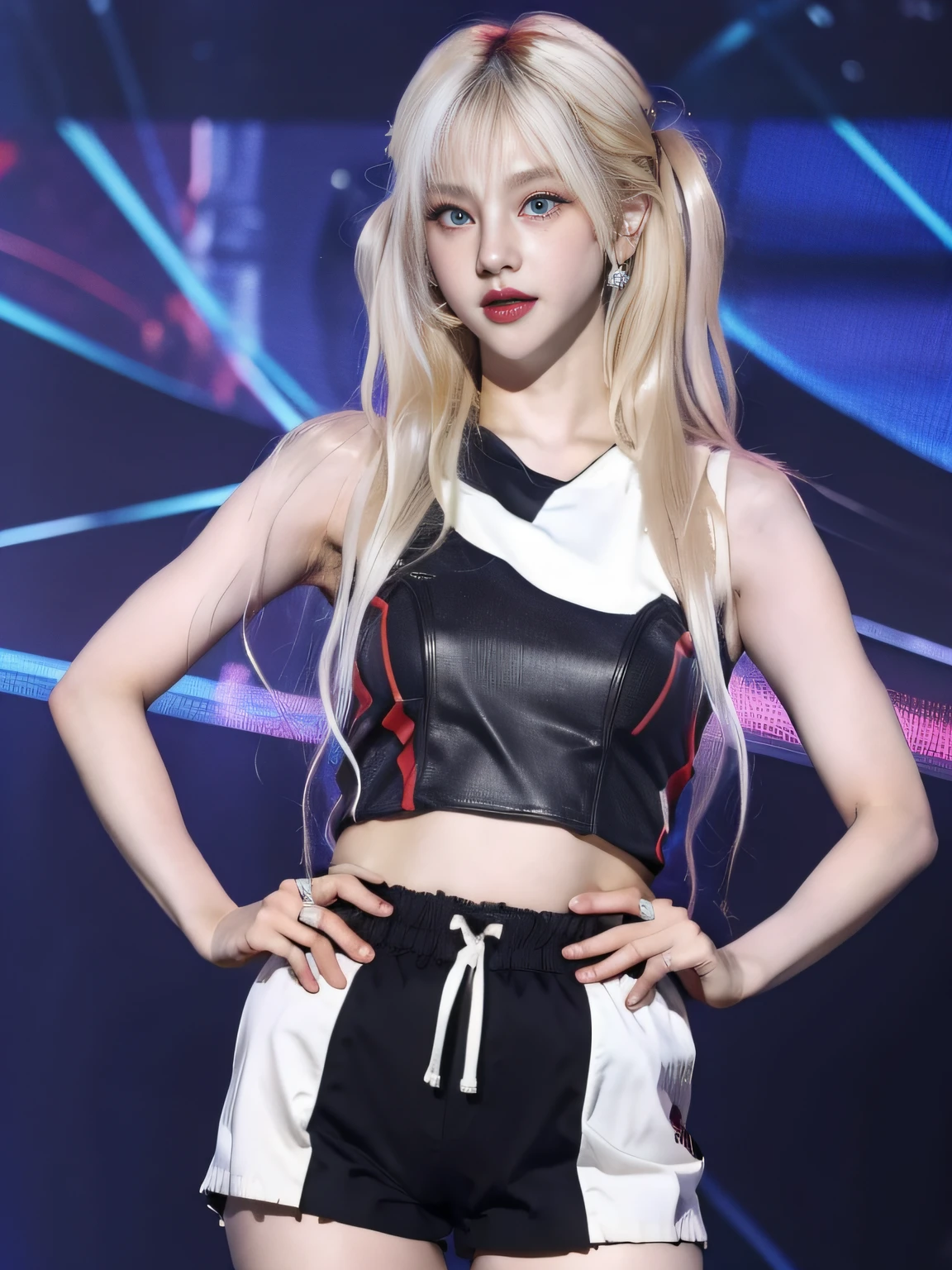 (8K, 4K, Best Quality, Highres, Ultra High Res:1.1), (Masterpiece, Realistic, Photo-Realistic:1.1), 1girl, Face, Close-Up, Twintails, Blonde Hair, Black Eyes, Red Lips, (Looking in Audience: 2), Wearing a trendy football uniform, bare waist, football shorts, ridiculously long hair, long eyelashes, eye shadow, small face, big eyes, bare shoulders, high contrast,
