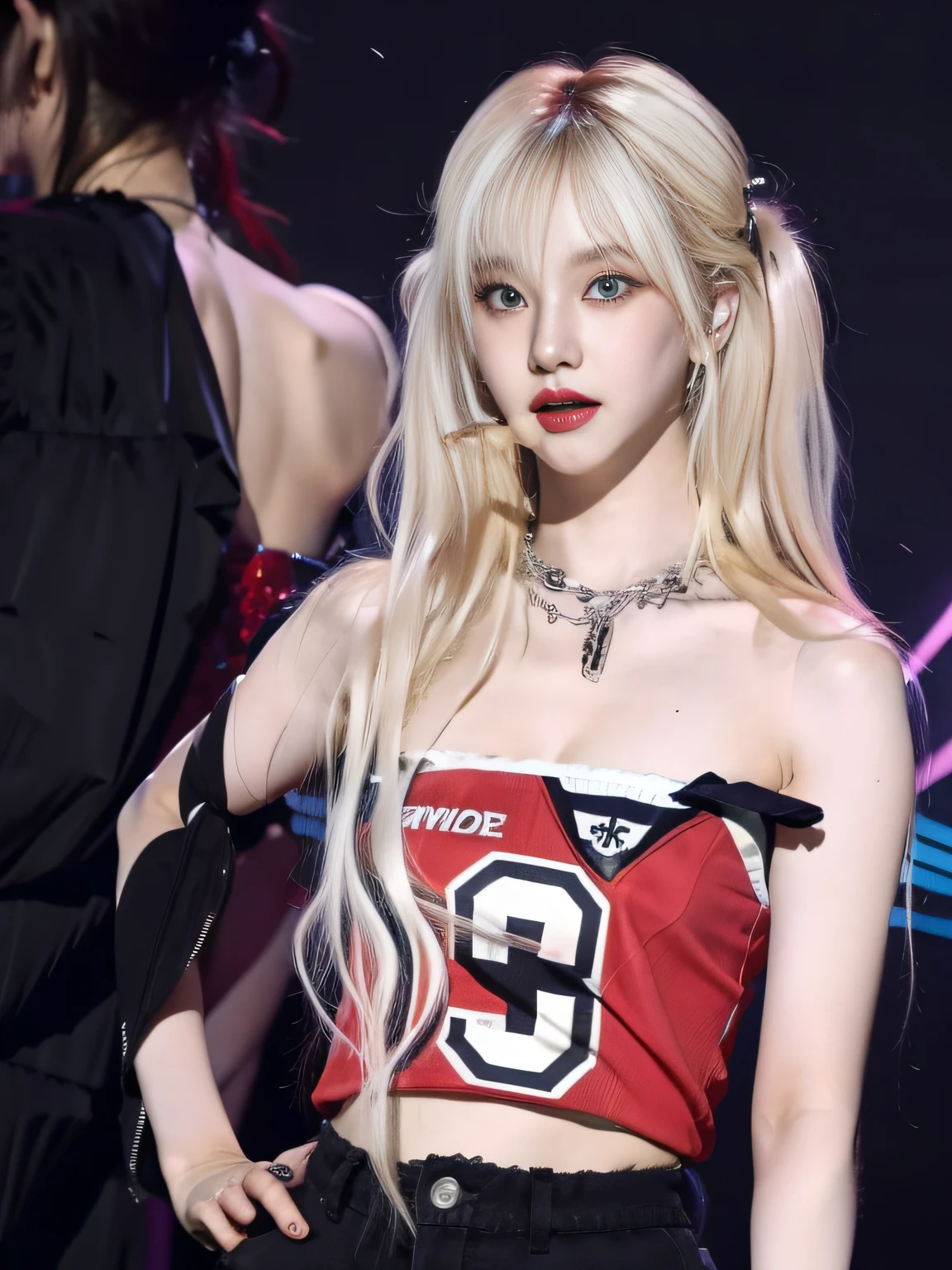 (8K, 4K, Best Quality, Highres, Ultra High Res:1.1), (Masterpiece, Realistic, Photo-Realistic:1.1), 1girl, Face, Close-Up, Twintails, Blonde Hair, Black Eyes, Red Lips, (Looking in Audience: 2), Wearing a trendy football uniform, bare waist, football shorts, ridiculously long hair, long eyelashes, eye shadow, small face, big eyes, bare shoulders, high contrast,