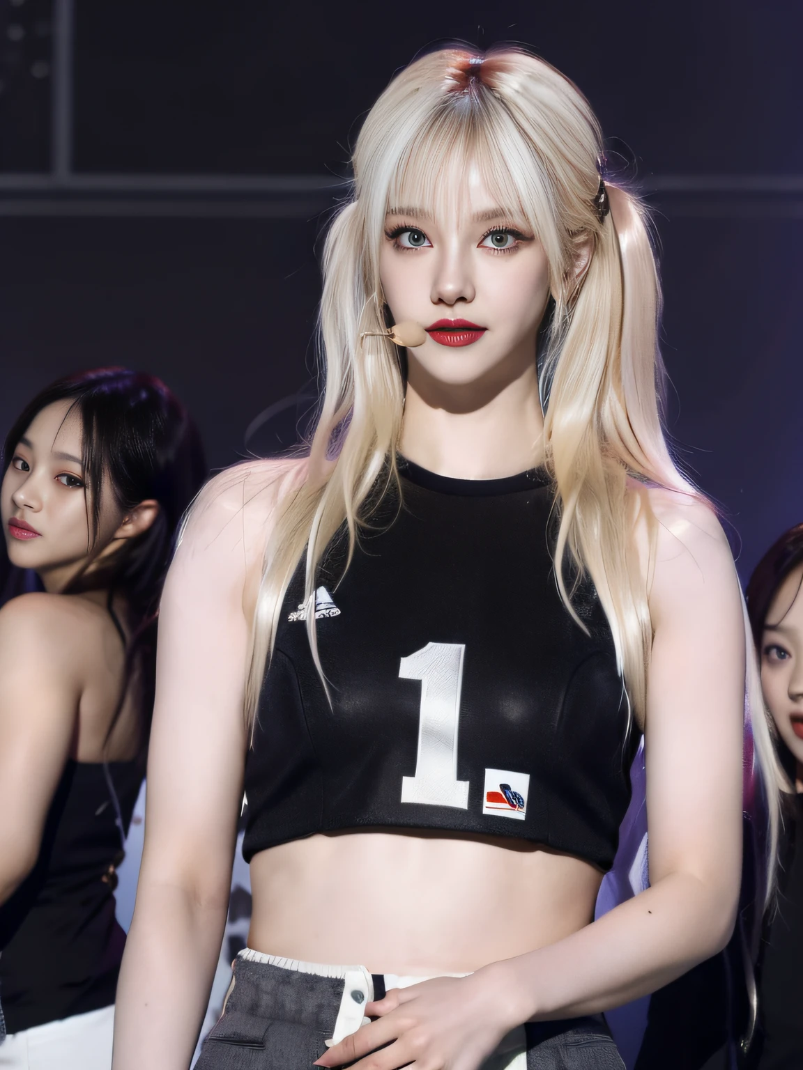(8K, 4K, Best Quality, Highres, Ultra High Res:1.1), (Masterpiece, Realistic, Photo-Realistic:1.1), 1girl, Face, Close-Up, Twintails, Blonde Hair, Black Eyes, Red Lips, (Looking in Audience: 2), Wearing a trendy football uniform, bare waist, football shorts, ridiculously long hair, long eyelashes, eye shadow, small face, big eyes, bare shoulders, high contrast,