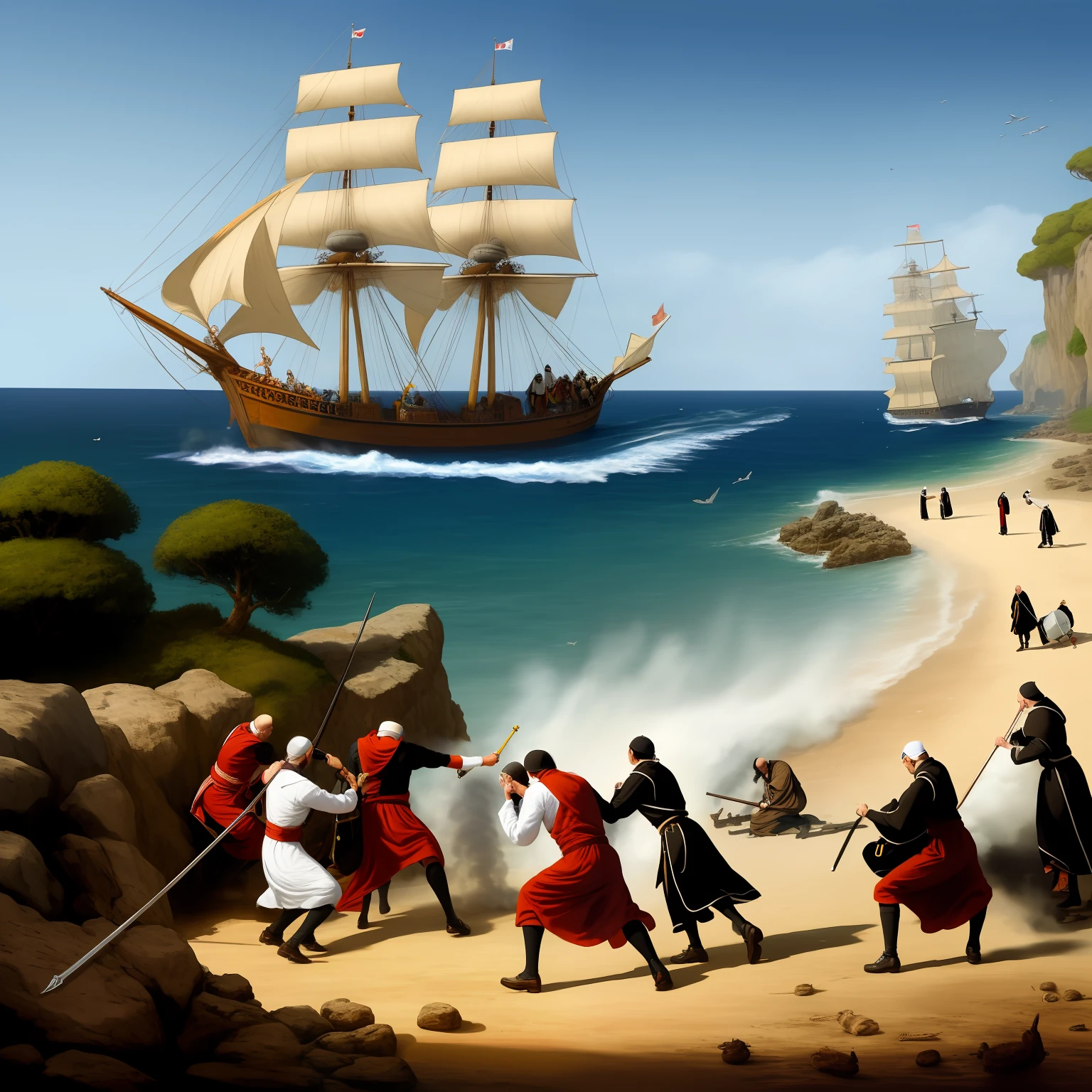 religious friars being attacked by pirates Saracens on an island.
