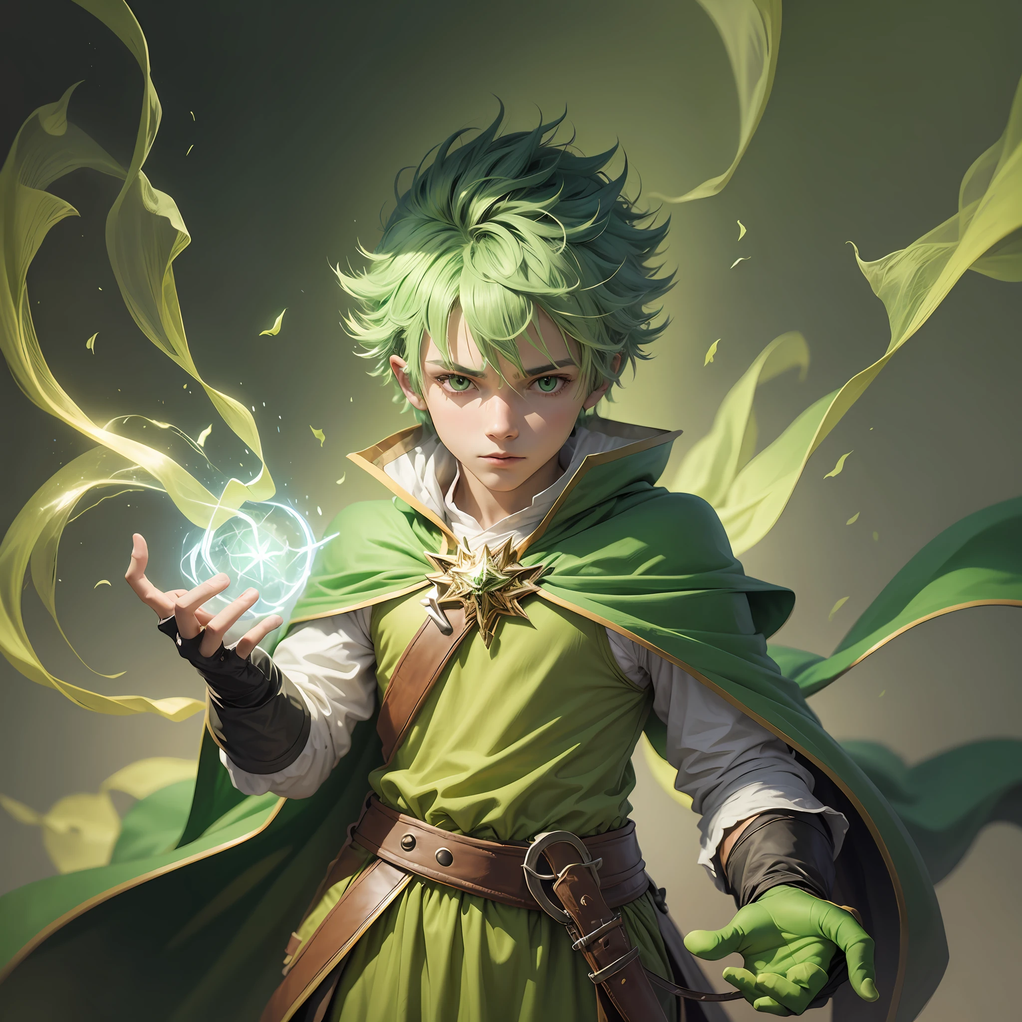 Boy with green hair Wizard Uses wind attribute magic Wears a yellow cape Sticks out his hand and uses magic Wears a green finger glove --auto --s2