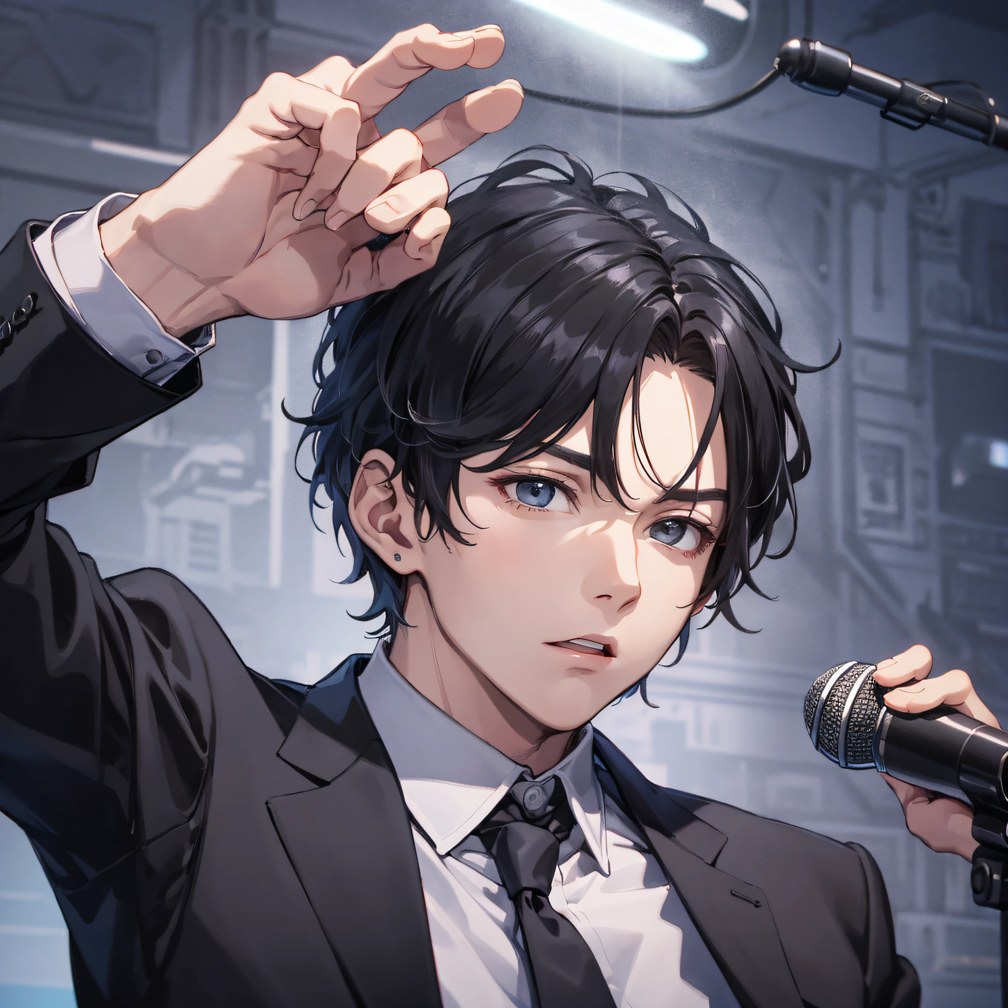 Ridiculous resolution, high resolution, (masterpiece: 1.4), hyper-detail, talk show stage, young man neat short black hair, black suit, holding a microphone, serious expression