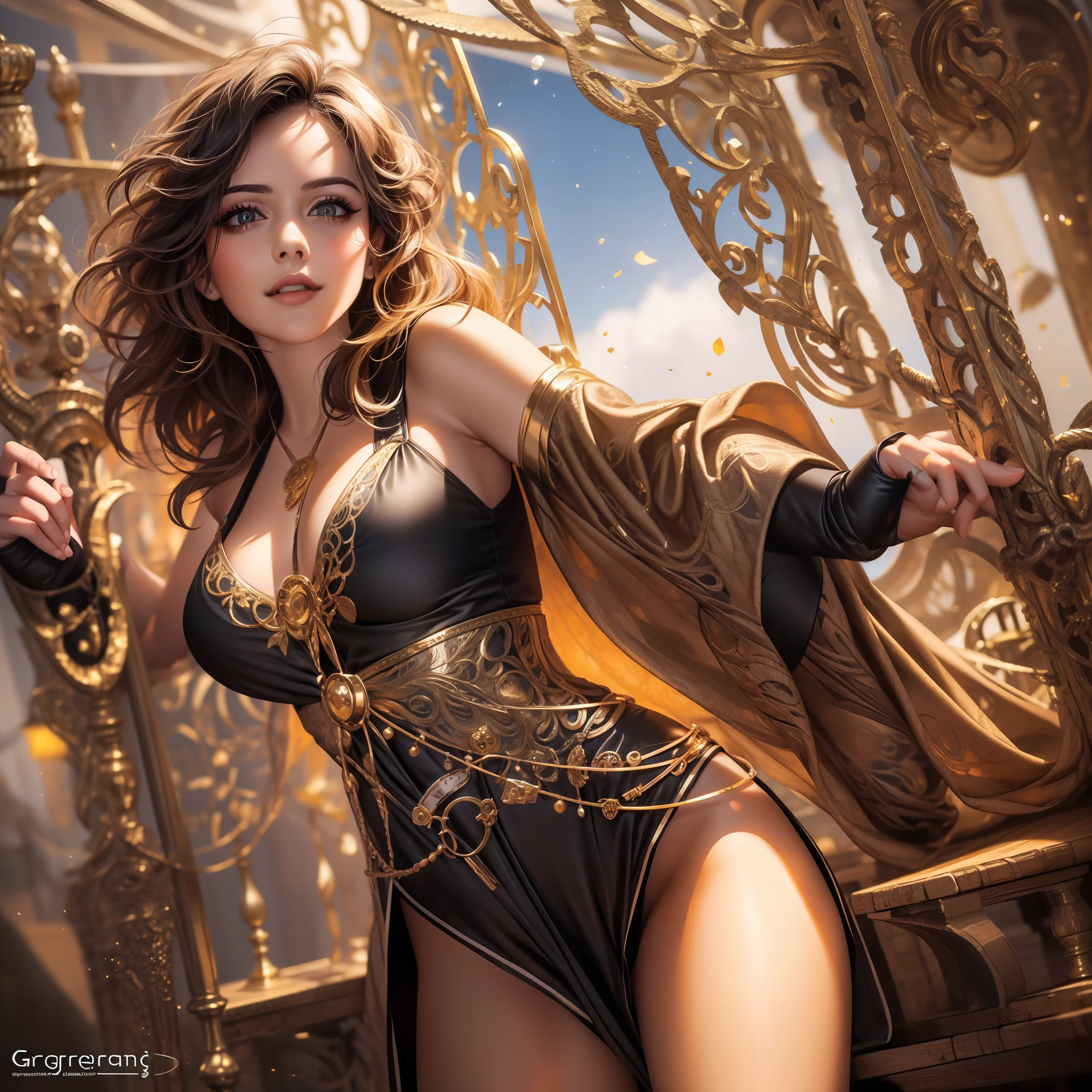 ((She is very sexy)), ((She is beautiful)), ((She is strong)), ((She wants you)), A beautiful parata woman, She is wearing a pirate captain outfit, She wears clothes very small and provocative, She is happy, smiling and defiant, She is on a pirate ship, She is looking at you, She has many jewels on her body, ((((art by Greg Rutkowski)))), gorgeous, vibrant, striking, captivating , lively, dynamic, energetic, eye-catching, breathtaking, masterpiece, best quality, sharp focus, dynamic pose, cinematic lighting, perfect ligthing, highres, outstanding details, ultra-high resolution, (realism: 1.4), the best illustration, favor details, highly condensed, realistic, lifelike, highly detailed, hyperrealism, intricate, natural, natural light, high resolution, high resolution scan, max detail, ultra realistic, filigree