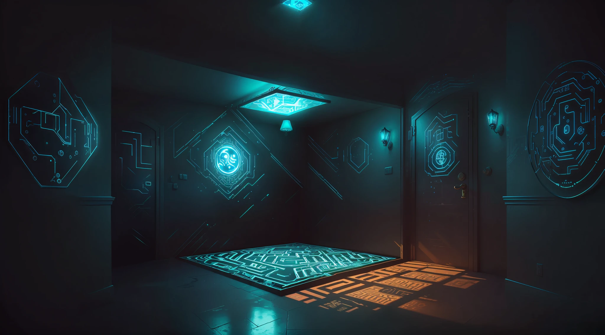 Square indoor space, secret room, immersive indoor horror theme, escape room, holography, projection, LED, maze, digital immersive indoor space, characters, decryption, exploration, detail, high precision, ground projection, lines, riddles, a girl, a boy, the ground has a maze pattern, the top is mirror, reflection, science fiction holographic avatar on the wall, haunted house, inception, distortion, space transformation, specular reflection, complex pattern, holographic transparent glass, Chinese character symbols, Taoism, yin and yang, transparent suspended horror face,