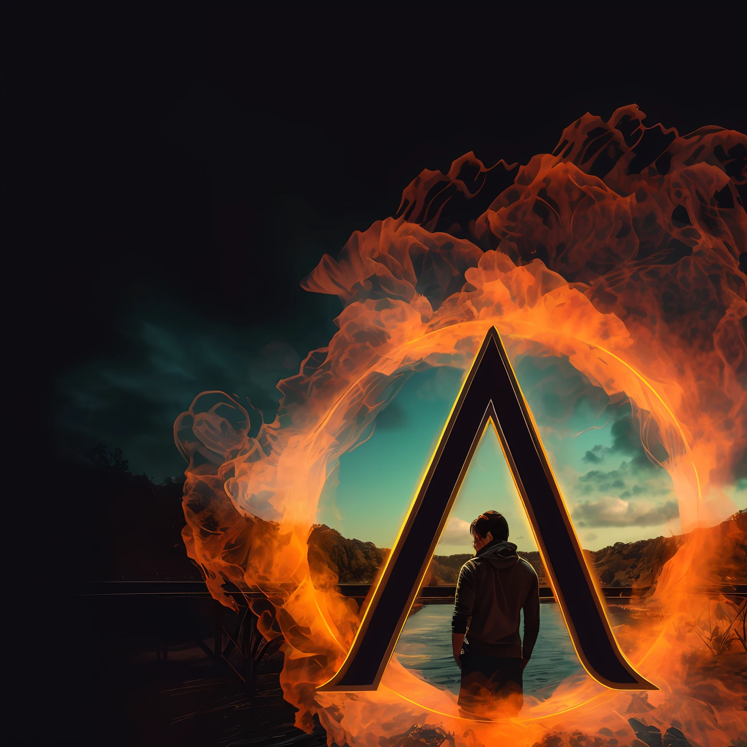 Razed image of a man in front of a ring of fire, in the background lake ICE red m flames, a planet earth bitcoin to the realm of lost flame, artistic 8k, flame arcs, inspired by Mike Winkelmann, arson, fire behind him, anamorphic flares, anamorphic flares, affinity photo, inspired by Adam Marczyński