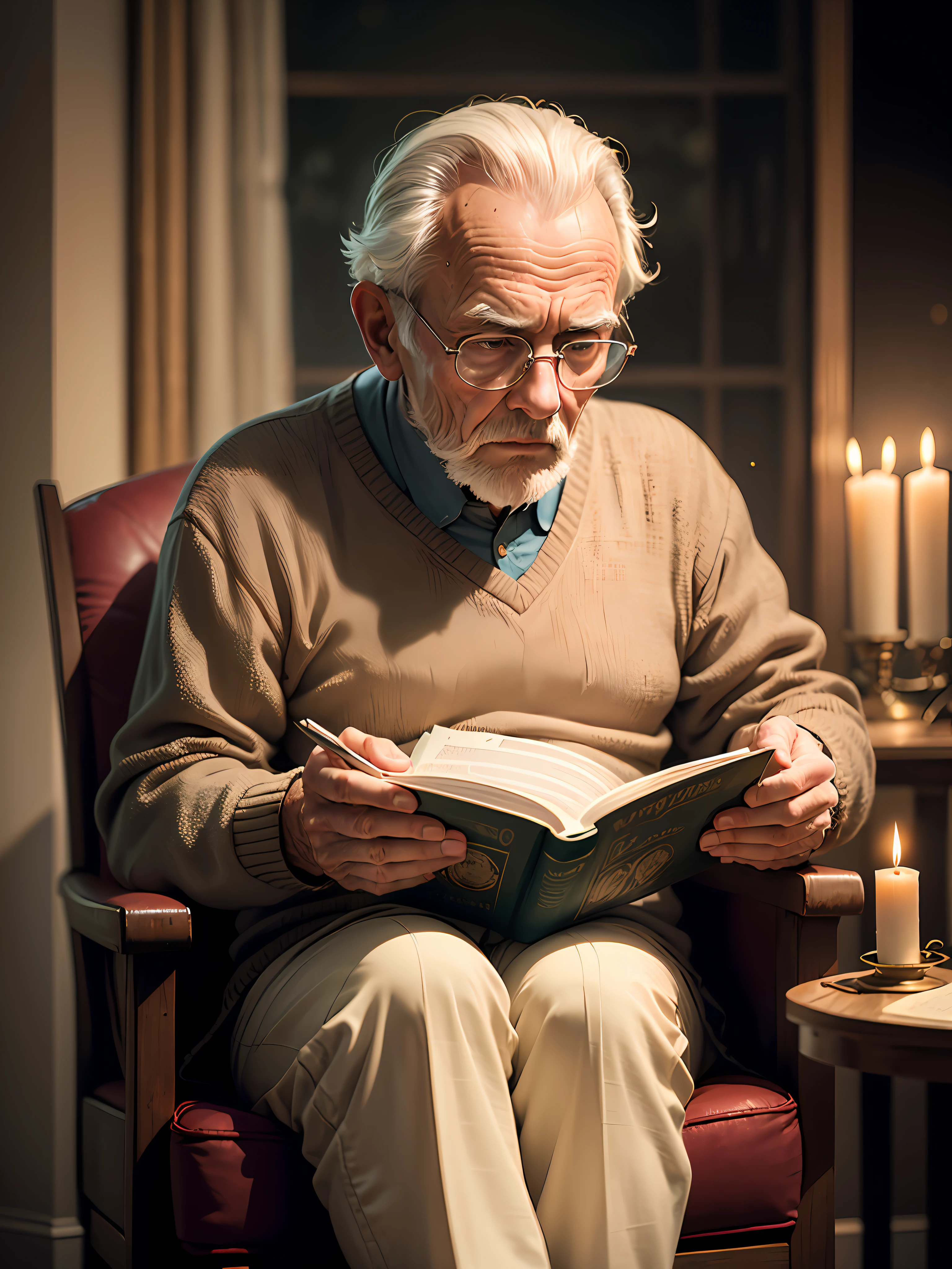 Old man reading the bible, hyper-realistic photography, realistic texture of clothes, candlelight lighting, realistic and faded scenery, concentrated expression, film film. --auto