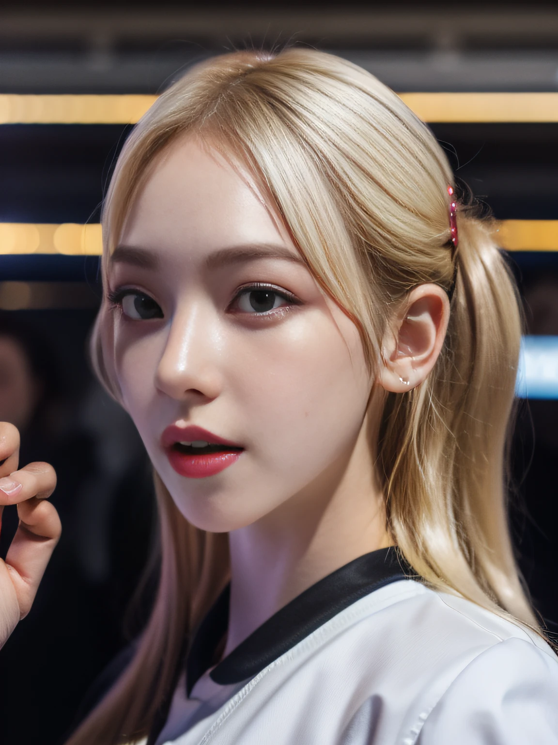 (8K, 4K, Best Quality, Highres, Ultra High Res:1.1), (Masterpiece, Realistic, Photo-Realistic:1.1), 1girl, Face, Close-Up, Twintails, Blonde Hair, Black Eyes, Red Lips, (Looking in Audience: 2), Wearing a trendy football uniform, ridiculously long hair, long eyelashes, eye shadow, small face, big eyes, bare shoulders, high contrast,