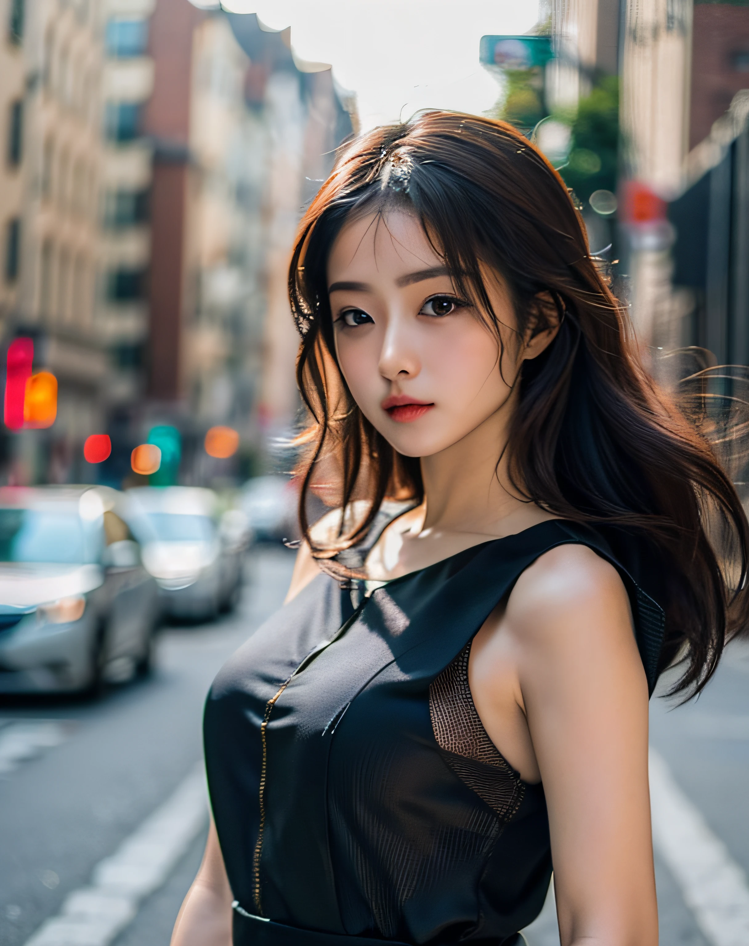 Woman posing seductive on street corner, top quality, high resolution, 8k, girl alone, outdoor, (street: 0.8), (people, crowd: 1), sleeveless dress, black dress: 1.5), gorgeous, (medium hair), (dynamic pose: 0.8), (upper body: 1.2), soft lighting, wind, glossy skin, gaze,