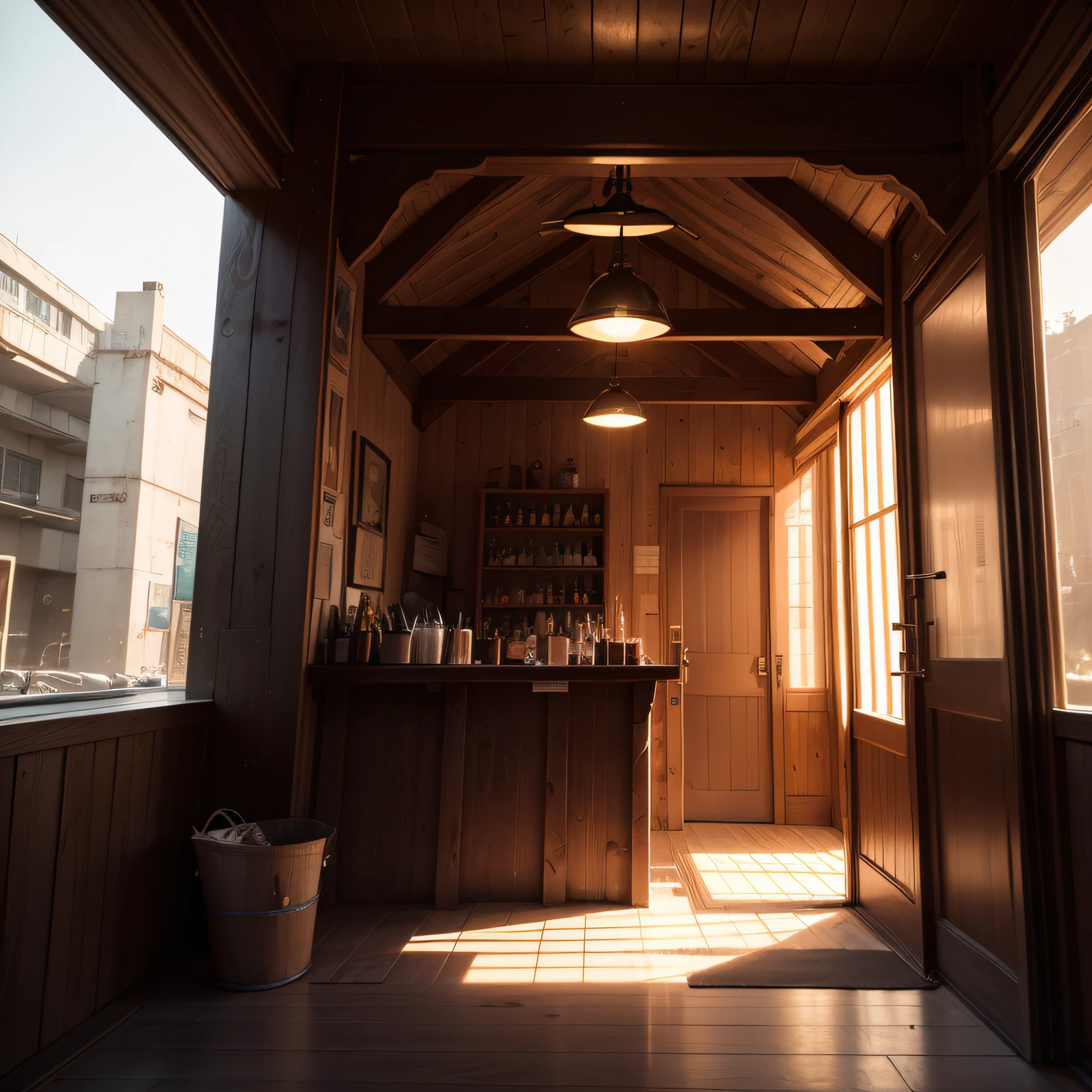 Best quality, masterpiece, ultra-high resolution, (realism: 1.4), original photo, in the dark, deep shadows, understated, cold light, postmodern realistic style bar, chinoise, bucket arch, wooden structure, cyberpunk elements, striking "white house" store name, lots of detail. --auto