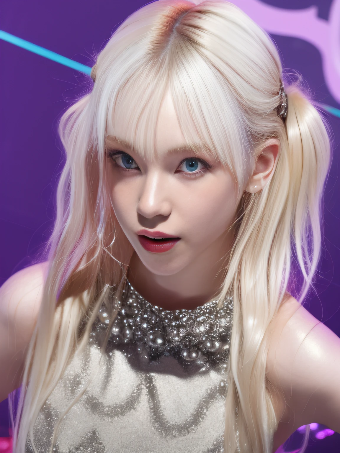 (8K, 4K, Best Quality, Highres, Ultra High Res:1.1), (Masterpiece, Realistic, Photo-Realistic:1.1), 1girl, Face, Close-Up, Twintails, Blonde Hair, Black Eyes, Red Lips, (Looking in Audience: 2), White slip dress,, ridiculously long hair, long eyelashes, eye shadow, small face, big eyes, bare shoulders, high contrast,