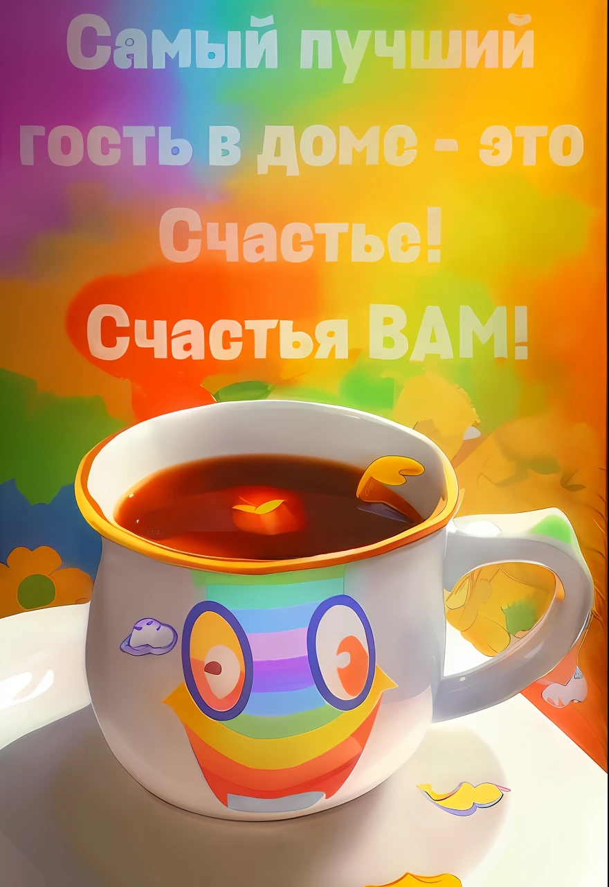 White cup with a smile on it, bright colors, fun, rainbow, emoticons, Slavic style, sun, beautiful paintings.