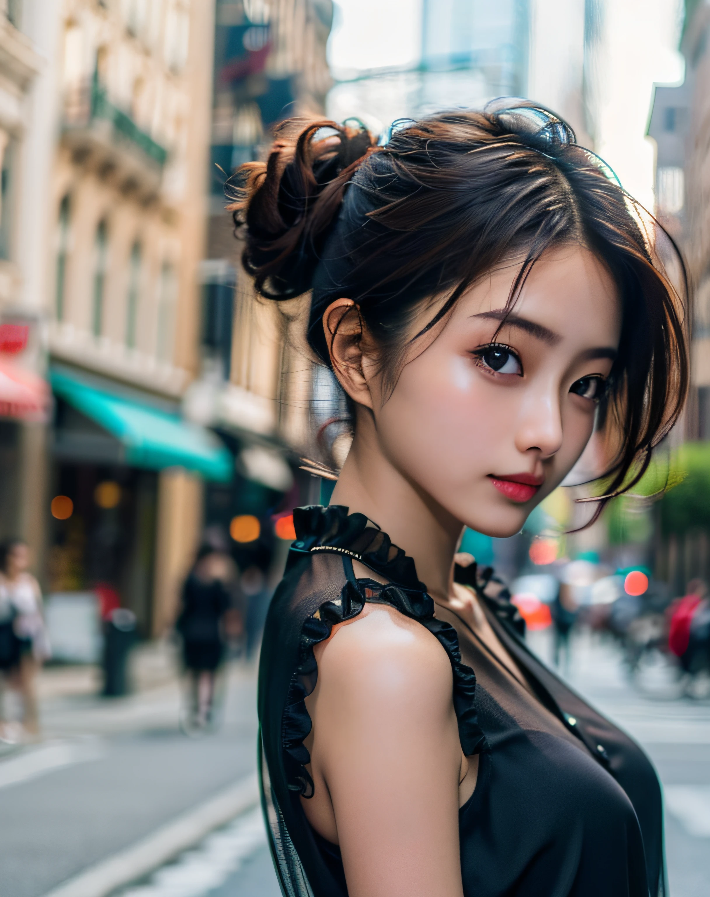 Woman posing seductive on street corner, top quality, high resolution, 8k, girl alone, outdoor, (street: 0.8), (people, crowd: 1), sleeveless dress, black dress: 1.5), gorgeous, (medium hair), (dynamic pose: 0.8), (upper body: 1.2), soft lighting, wind, glossy skin, gaze,