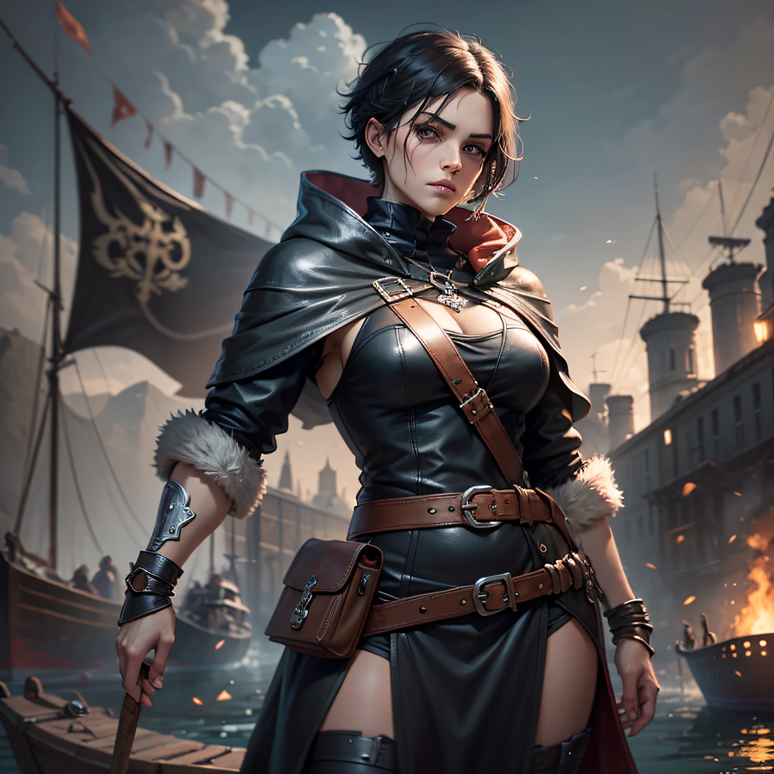 (full body: 1.2), a young woman, warrior with short black hair and a boat, big, bright eyes in black, she is dressed in a light leather robe covering her body from neck to toe, inspired by Johannes Helgeson, rpg, portrait, painted portrait of wounded Odin, RPG book portrait, portrait of an adventurer, epic RPG portrait, crisp RPG portrait, RPG character art, RPG portrait, by Johannes Helgeson, full-body RPG portrait, full body, The man has an expression on his face that suggests he may be deeply in thought or concentration, His clothes appear to be made of different shades of black, brown and gray, giving him an overall rustic look