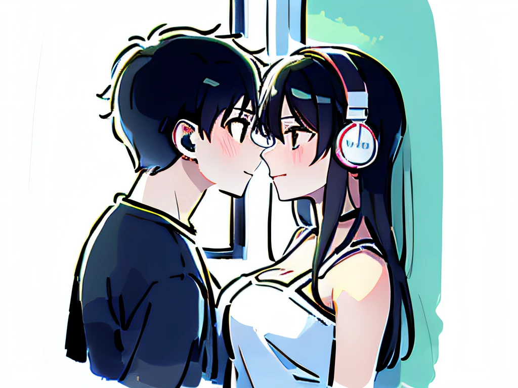 (Masterpiece, best quality: 1.3), 1 boy and 1 girl, side by side, listening to music with headphones, intimacy, looking at each other, indoor background,