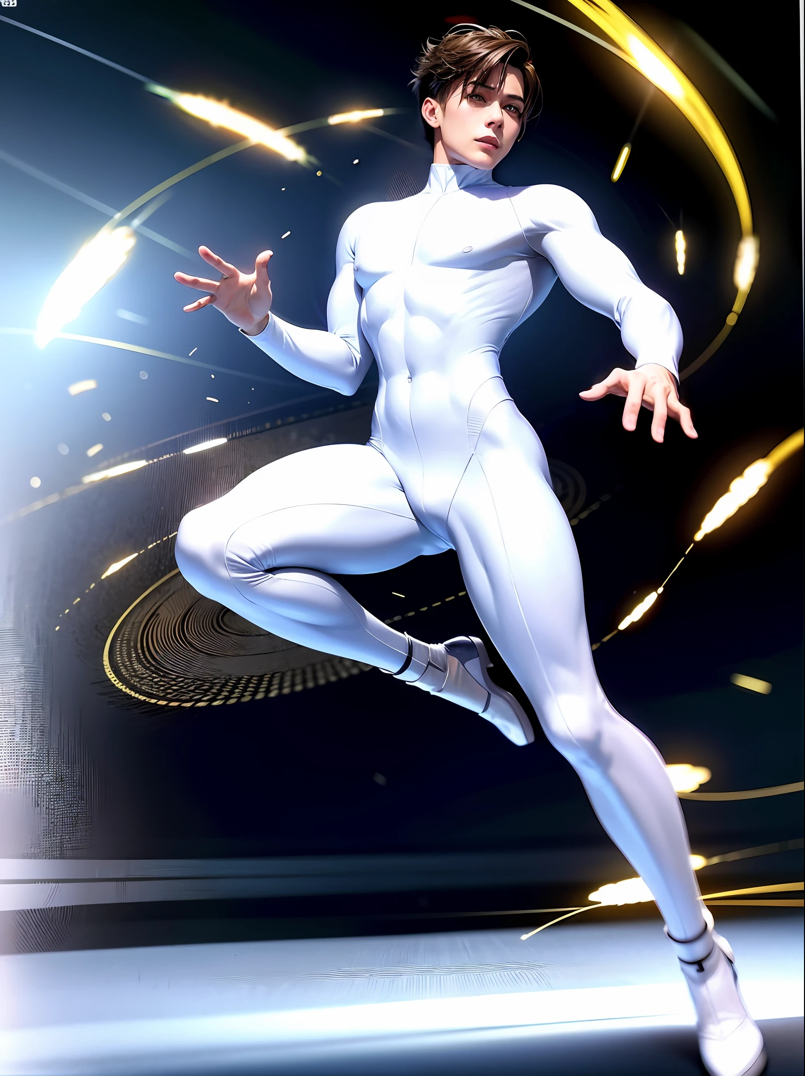 futuristic fashion meditation man jumping in the air, full body, in white and grey style, creatine, social media portrait, fluid gestures, chrome, sketchfab, neo academic, photo realistic