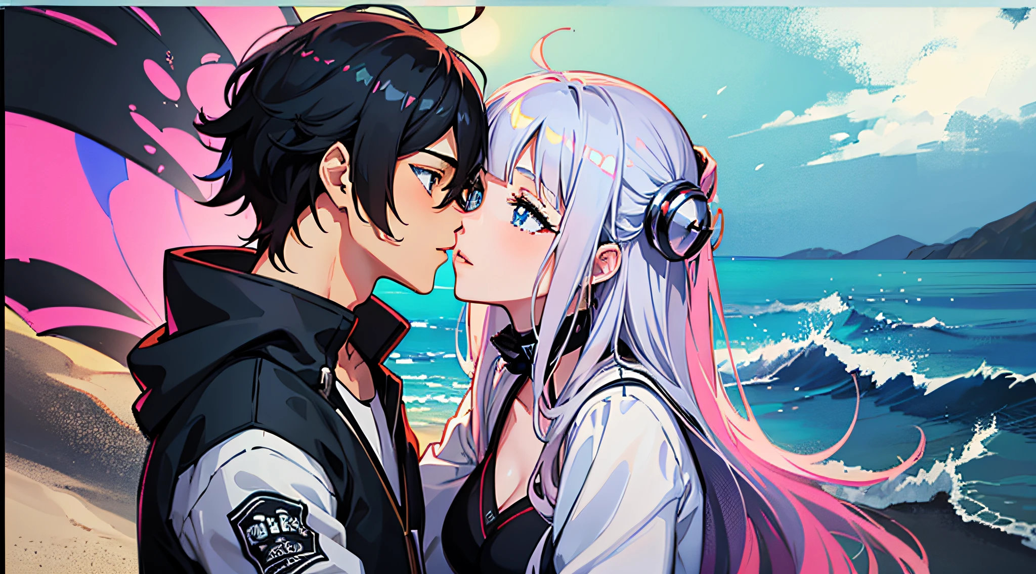 (woman with pink hair, bright light blue eyes)+(man with black hair and bright dark blue eyes)+(anime style Ilya Kuvshinov:1.2)+(Couple kisses passionately on the beach at night)+(full body image)