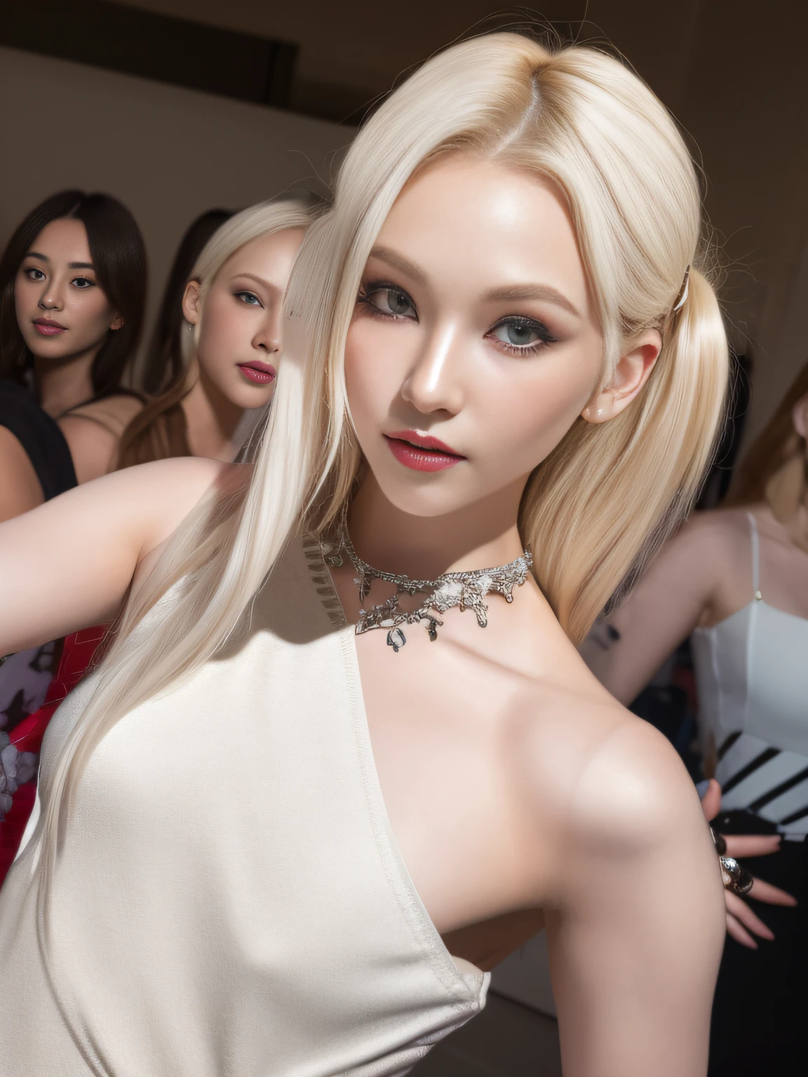 (8K, 4K, Best Quality, Highres, Ultra High Res:1.1), (Masterpiece, Realistic, Photo-Realistic:1.1), 1girl, Face, Close-Up, Twintails, Blonde Hair, Black Eyes, Red Lips, (Looking in Audience: 2), White slip dress,, ridiculously long hair, long eyelashes, eye shadow, small face, big eyes, bare shoulders, high contrast,