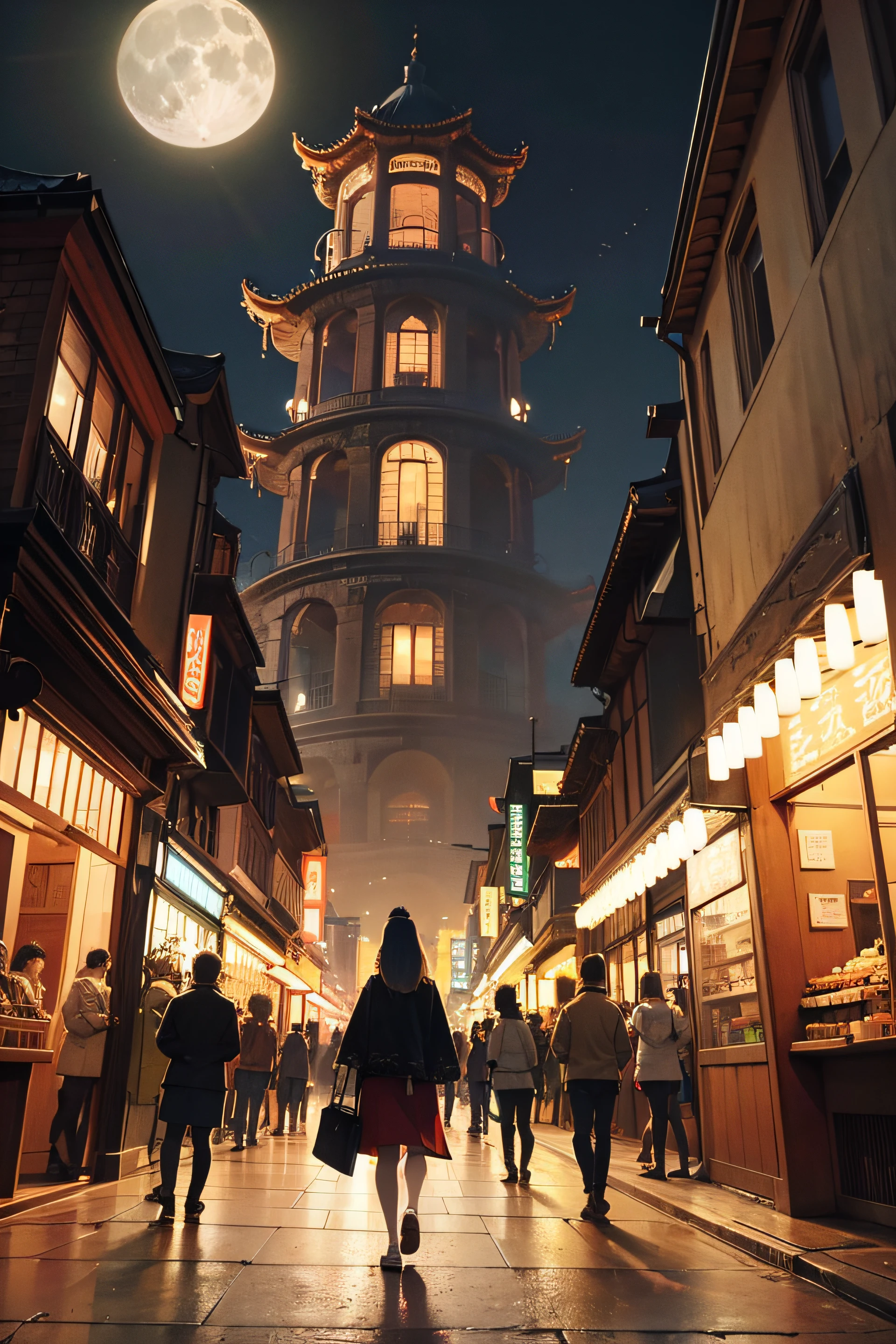The Empress of the Tang Dynasty looked from afar at the bustling night scene of the ancient city. The moon was sold by merchants. The picture was detailed, magnificent, lively, soft light, visual symmetry, complex details, og rendering, 8k high-definition,HD --ar 9:16 --auto
