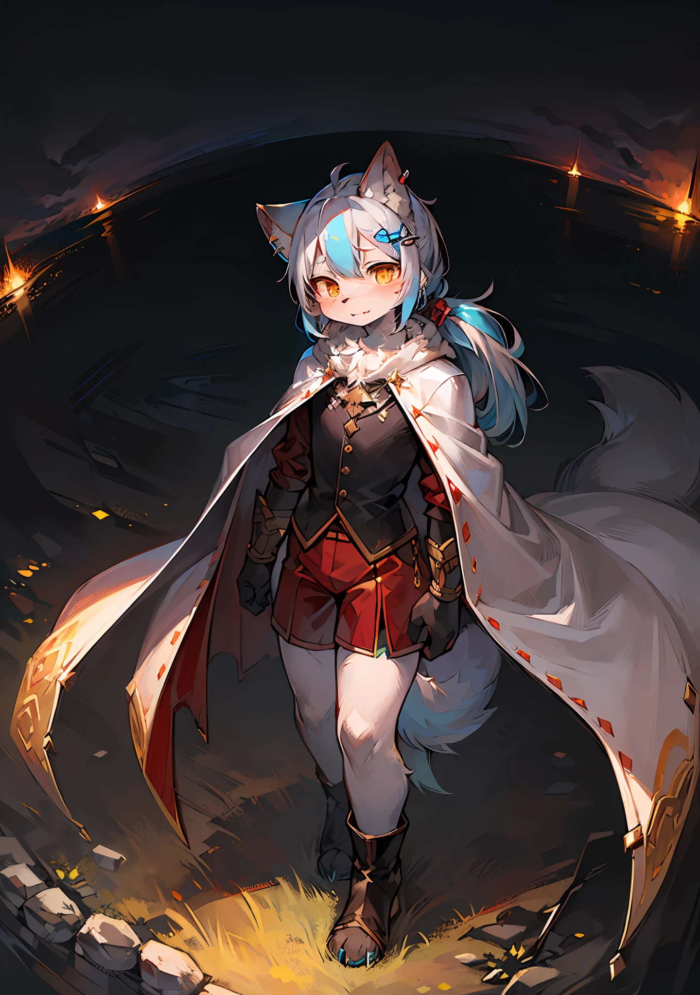 (Bright Environment: 0.8), Masterpiece, High Quality, Abstract Res, Digital Painting\(Artwork\), by Dagasi, Yupa, Kiyosan, (Anthro, Fluffy Fur, Character Focus: 1.1), Anthro Male Cat, Short Hair, Portrait , bright eyes, panorama, character focus. (Detailed background: 0.7), Solo, Hairy, Hairy male, Male focus, Anthr, (full body fur, fluffy tail, white fur, golden eyes, long low ponytail, silvery-white cyan gradient hair: 1.2), (long canine, wolf, hairpin, cape: 1.2), (exterior, dusk, prairie)