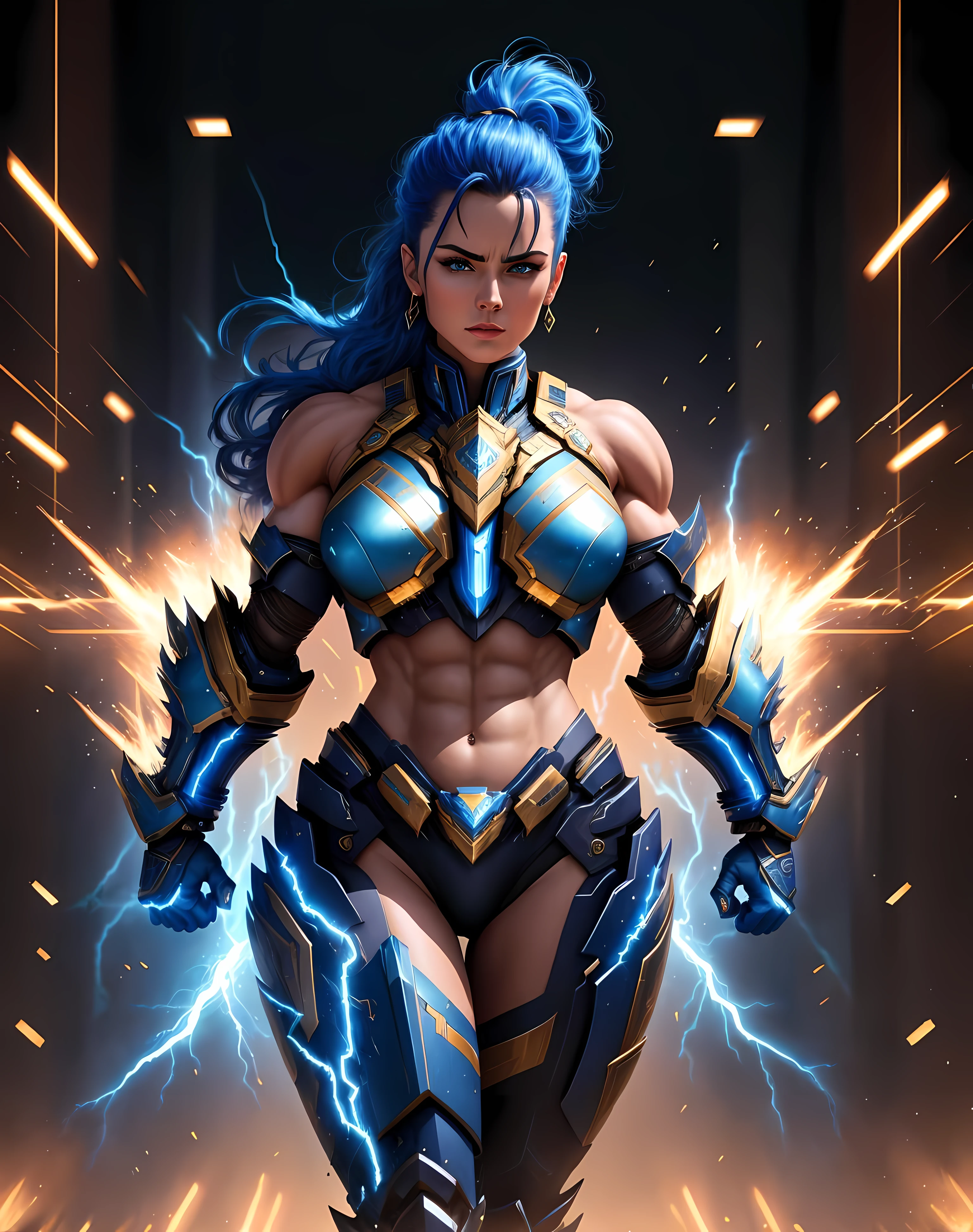 4K, Masterpiece, highres, absurdres,
edgThunderstruck, a woman flexing, with a blue and gold armor ,wearing edgThunderstruck_armor, electrified, weilding thunder
