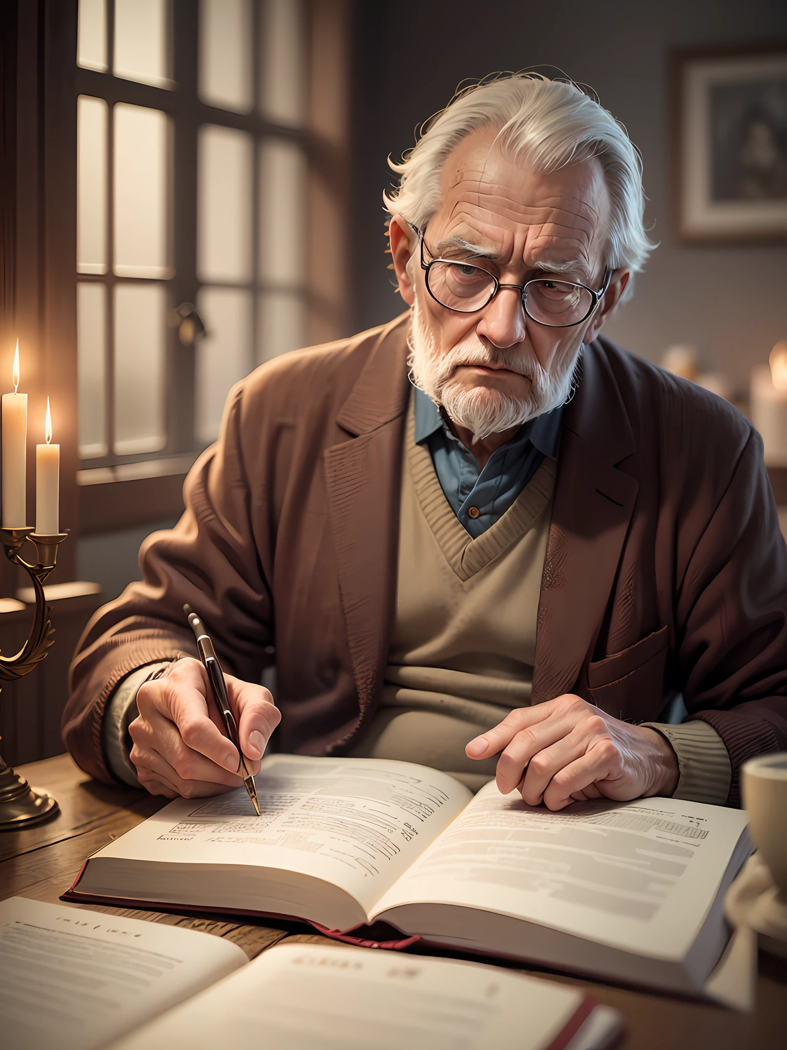 Old man reading the bible, hyper-realistic photography, realistic texture of clothes, candlelight lighting, realistic and faded scenery, concentrated expression, film film. --auto