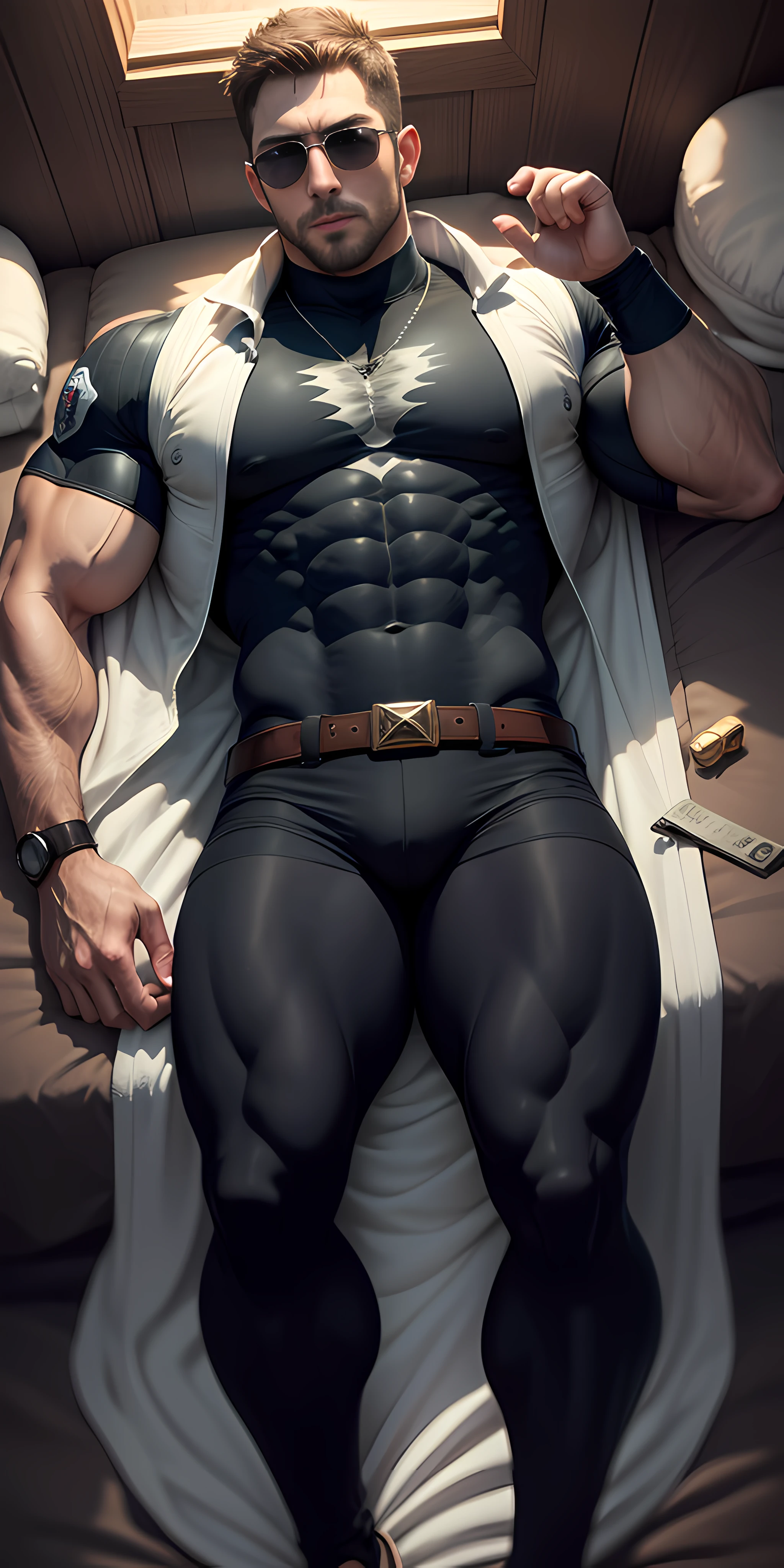 1 muscular man wrapped in rice milk cream turtleneck Slime, lying on a large white Slime bed, with a large number of white Slime bubbles on the bed, wearing sunglasses, muscle hero, Buzz Cut, tall and burly, muscular! Tall burly, sneak suit, symmetrical floral texture design thick thermal tights, sexy thick legs, super buff and cool, high resolution committee, character design (Resident Evil - Chris Redfield), rough big feet, white cotton socks, attractive strong men, warm and soft lights shining on the body