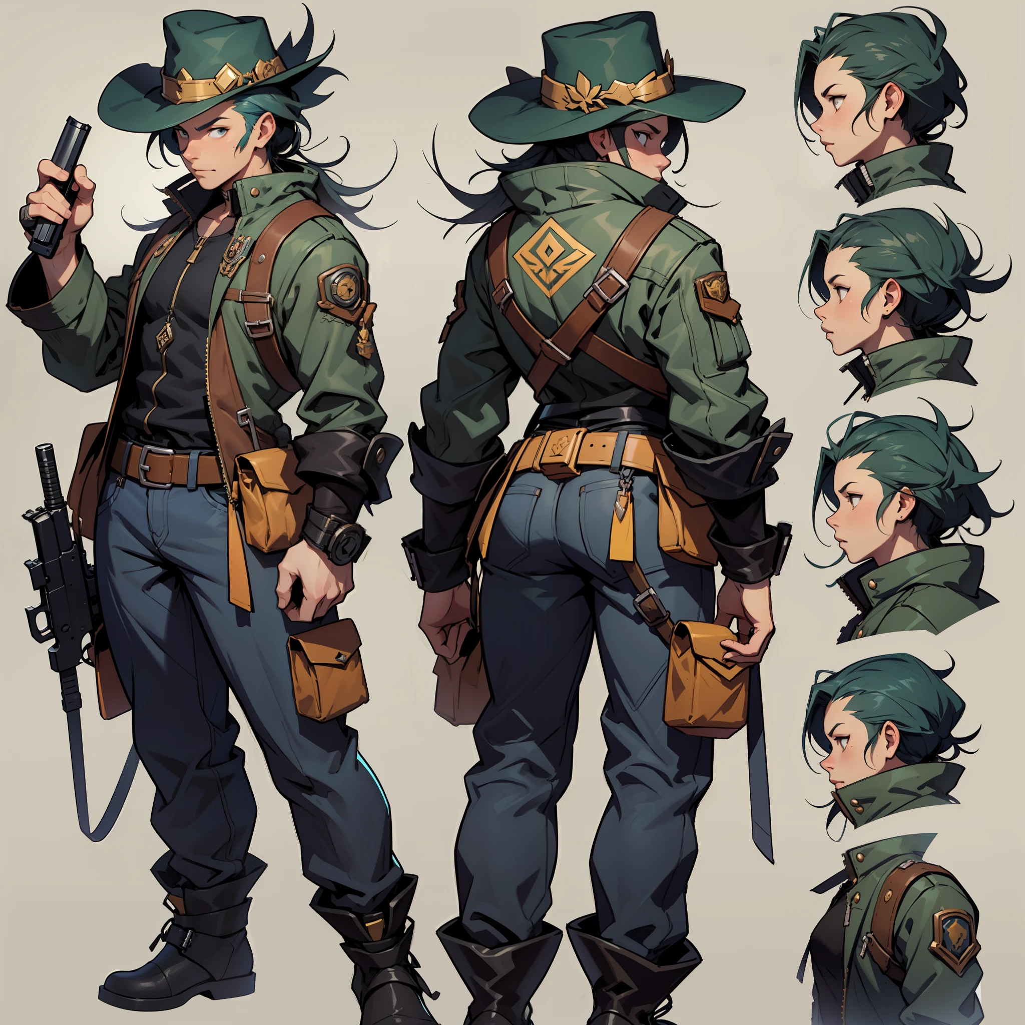 Close-up of a man in a gun costume, ((character concept art)), ((character design sheet, same character, front, side, back)) maple story character art, video game character design, video game character design, maple story gun girl, expert high detail concept art, metal bullet concept art, funny character design, Lucio as a woman, gravity rush inspiration, sticky tar. Concept art, belt buckle at waist, steampunk weapon,