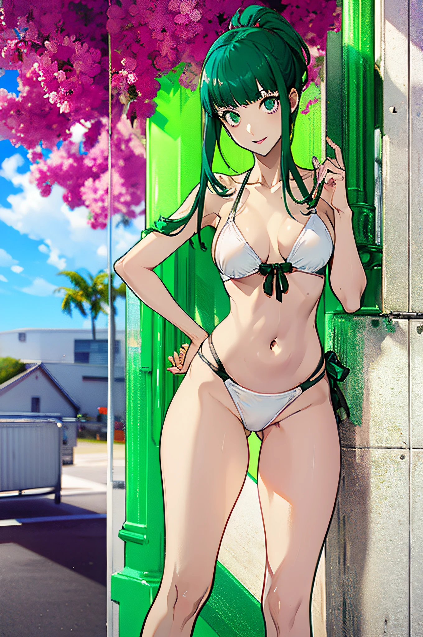Persona 5 Art Style, Persona 5 Style, Kasumi Yoshizawa, Girl in Swimsuit, Full Length Portrait, High Quality, Ponytail, Small Breasts, Bangs, Smooth Thighs, Patsun, Top Quality, Ultra High Definition, Fine Eyes, Slender Legs, Fine Beautiful Eyes, 8K, White Bikini, Protruding Buttocks, Green Hair